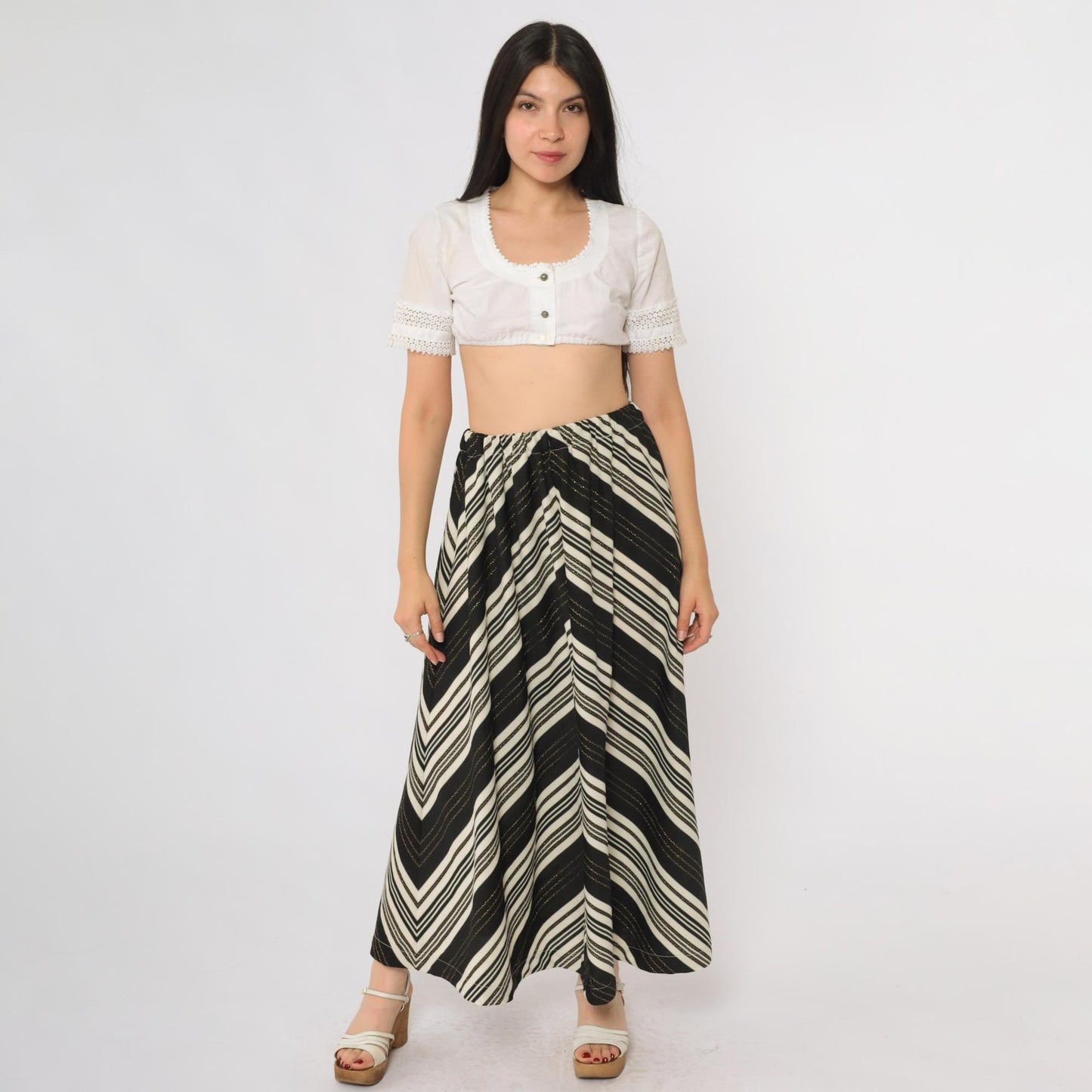70s Black Cream Chevron Striped Maxi Skirt Gold Metallic High Waist Small