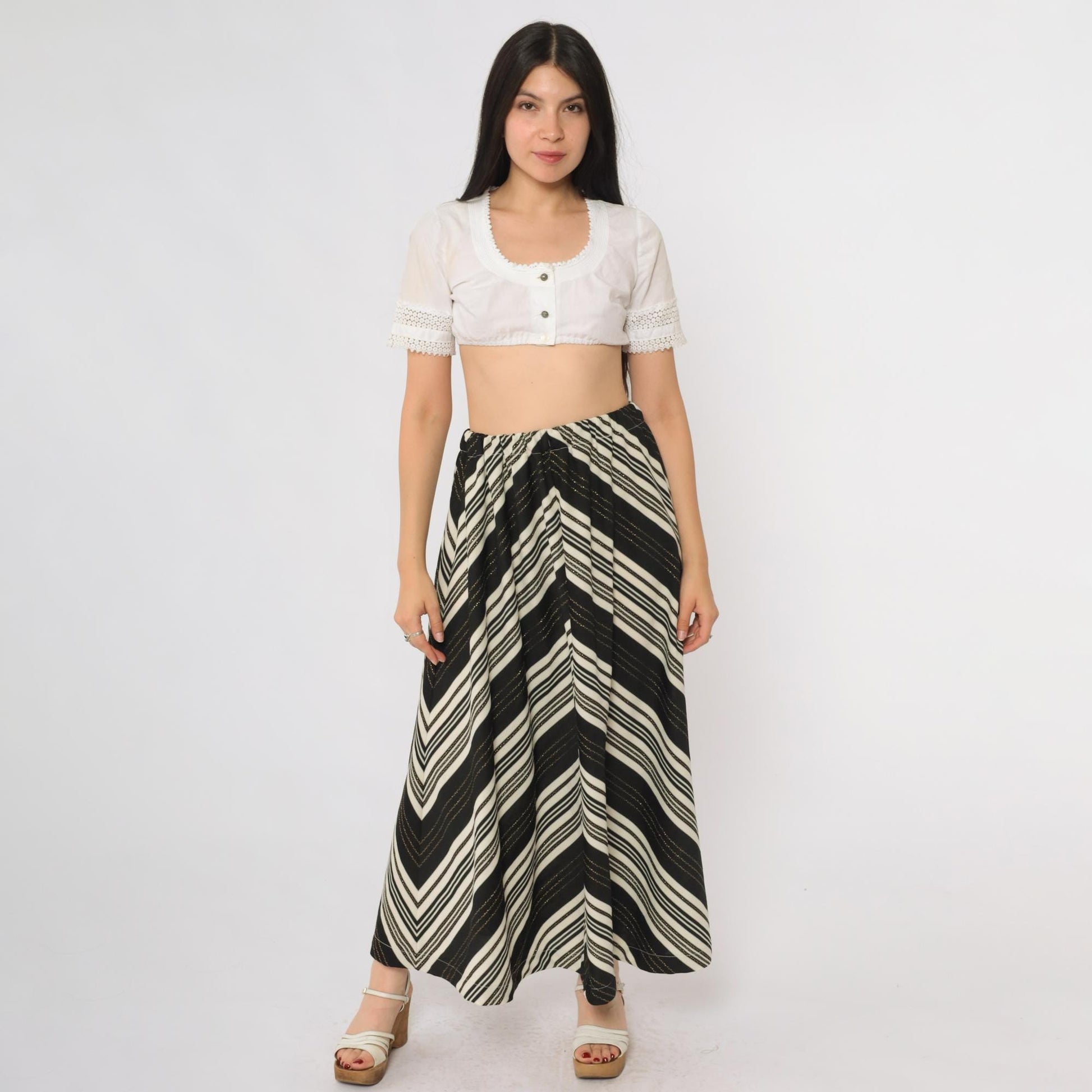 70s Black Cream Chevron Striped Maxi Skirt Gold Metallic High Waist Small