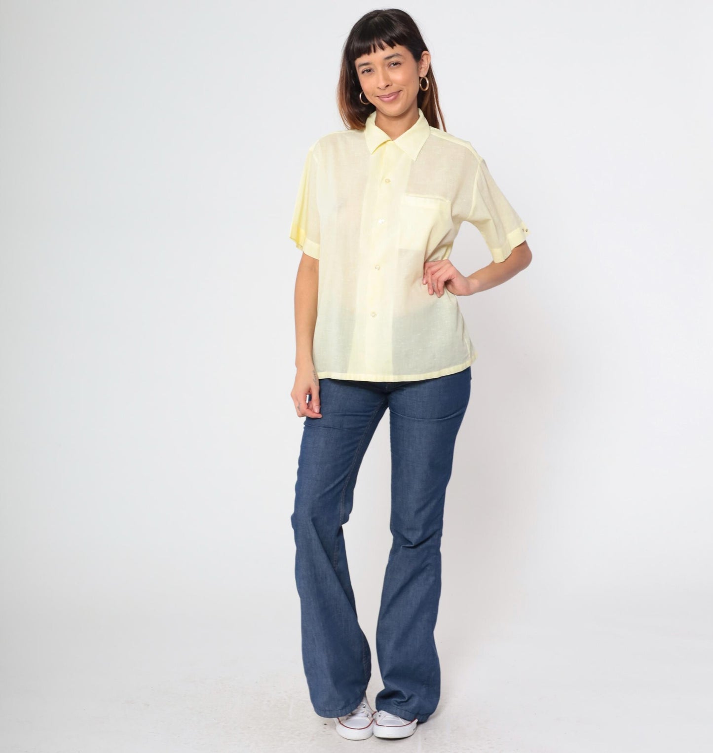 70s Yellow Dagger Collar Button-Up Shirt Short Sleeve Chest Pocket Medium M
