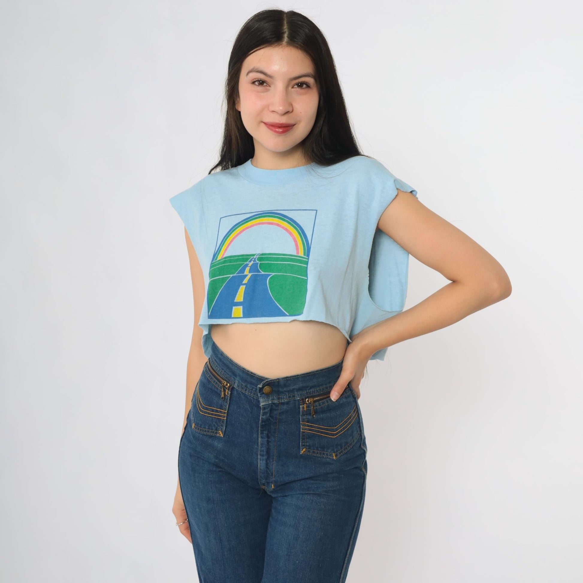 90s Oneita Rainbow Road Crop Top Blue Graphic Sleeveless Tee Large L