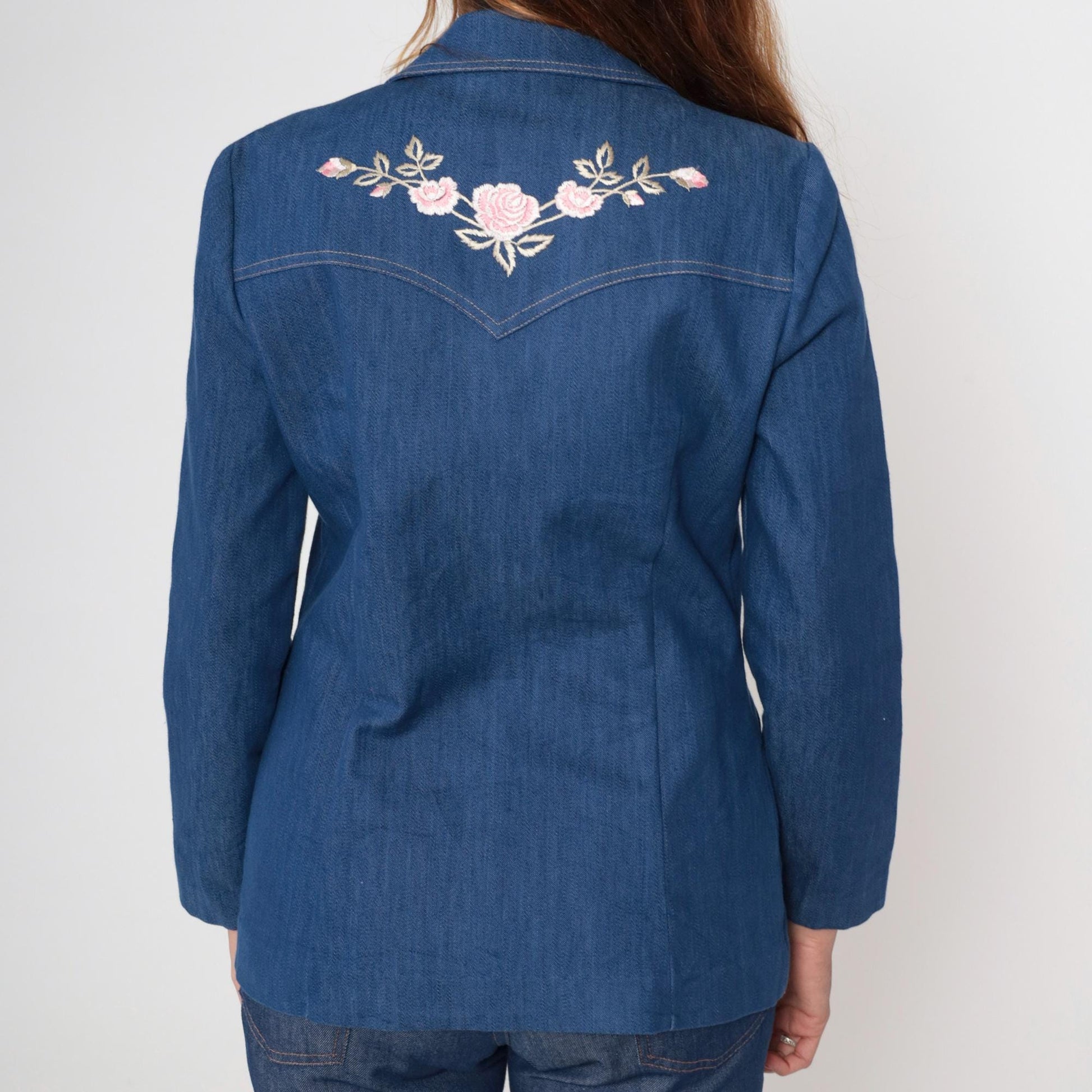 70s Embroidered Denim Blazer Pink Rose Floral Blue Jean Jacket Medium M