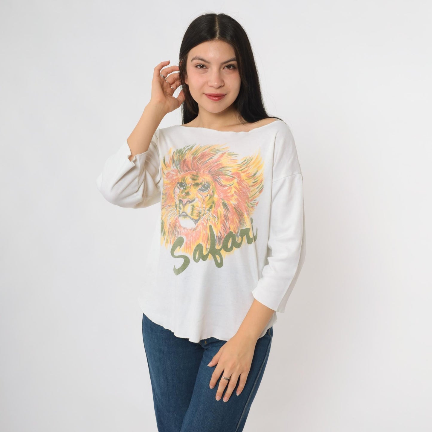 80s Lion Safari Graphic Cotton Pullover Crew Neck Tee Large L
