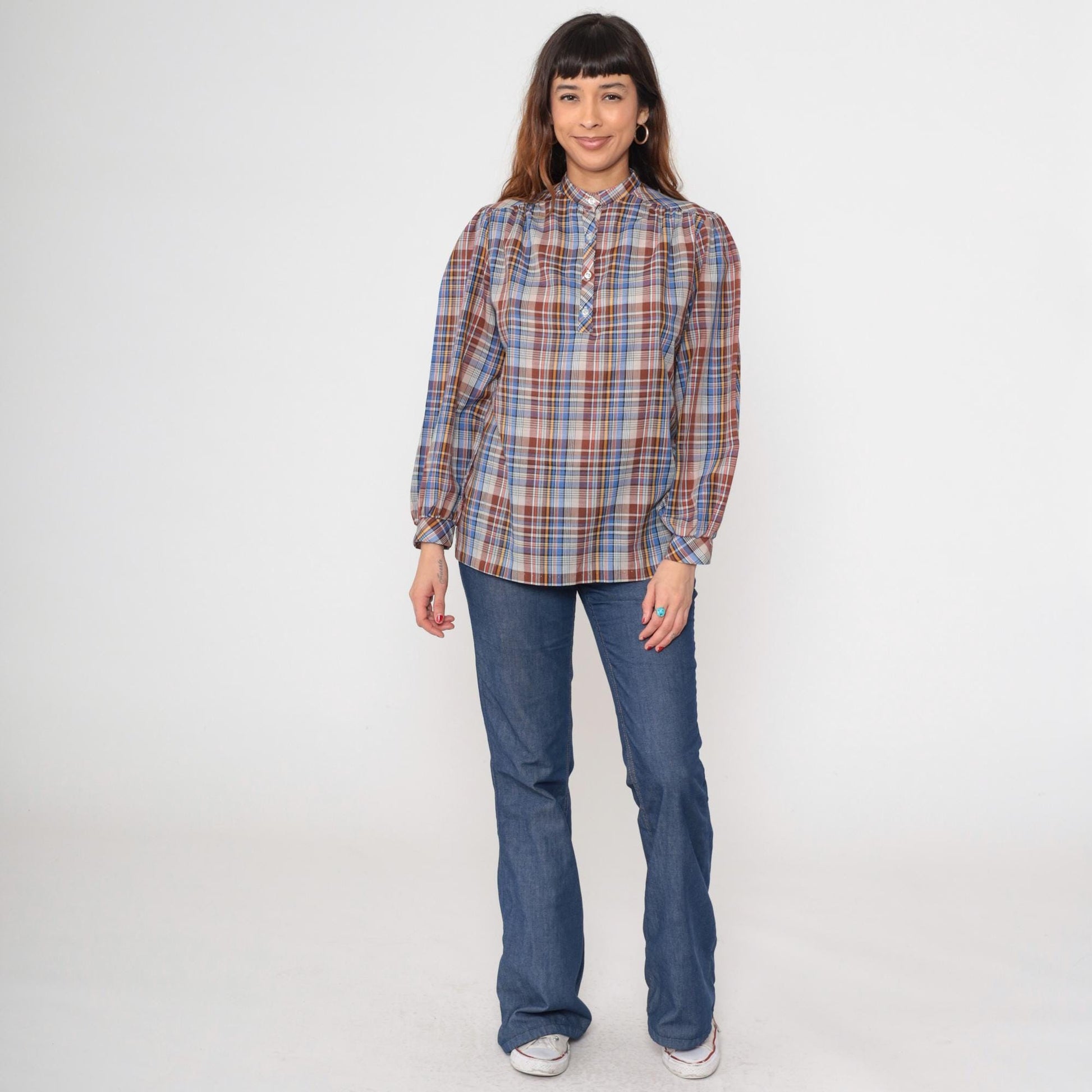 80s Plaid Blouse Mandarin Collar Puff Sleeve Brown Blue Yellow Cotton Medium M