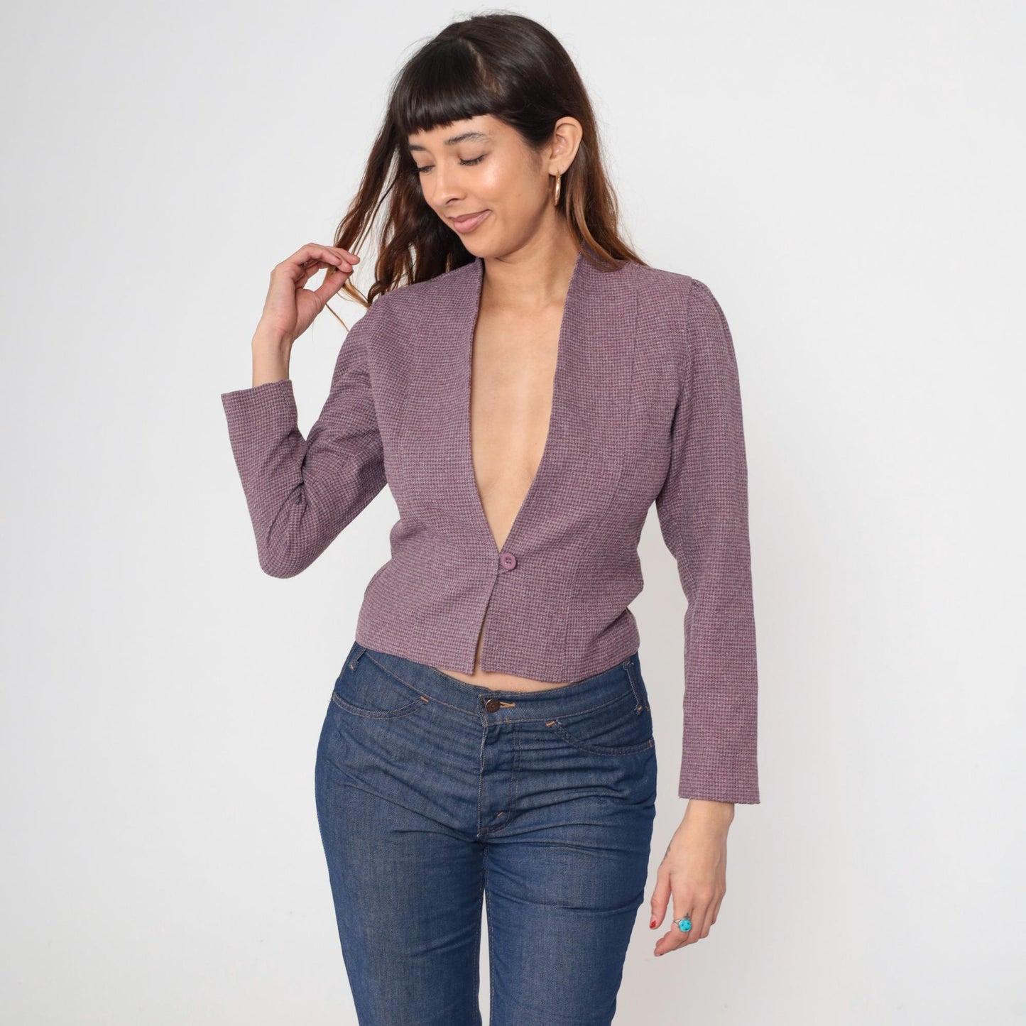 80s Mauve Cropped Blazer Plunge Neckline Padded Shoulders Small S