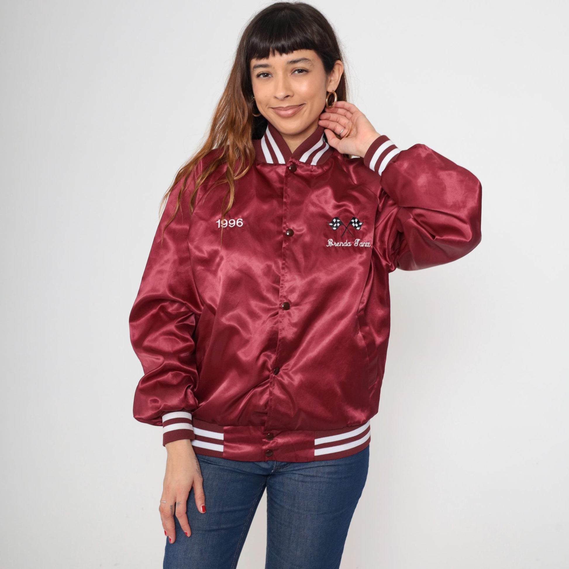 90s Duke City Raceway Maroon Satin Bomber Jacket Embroidered Racing Medium