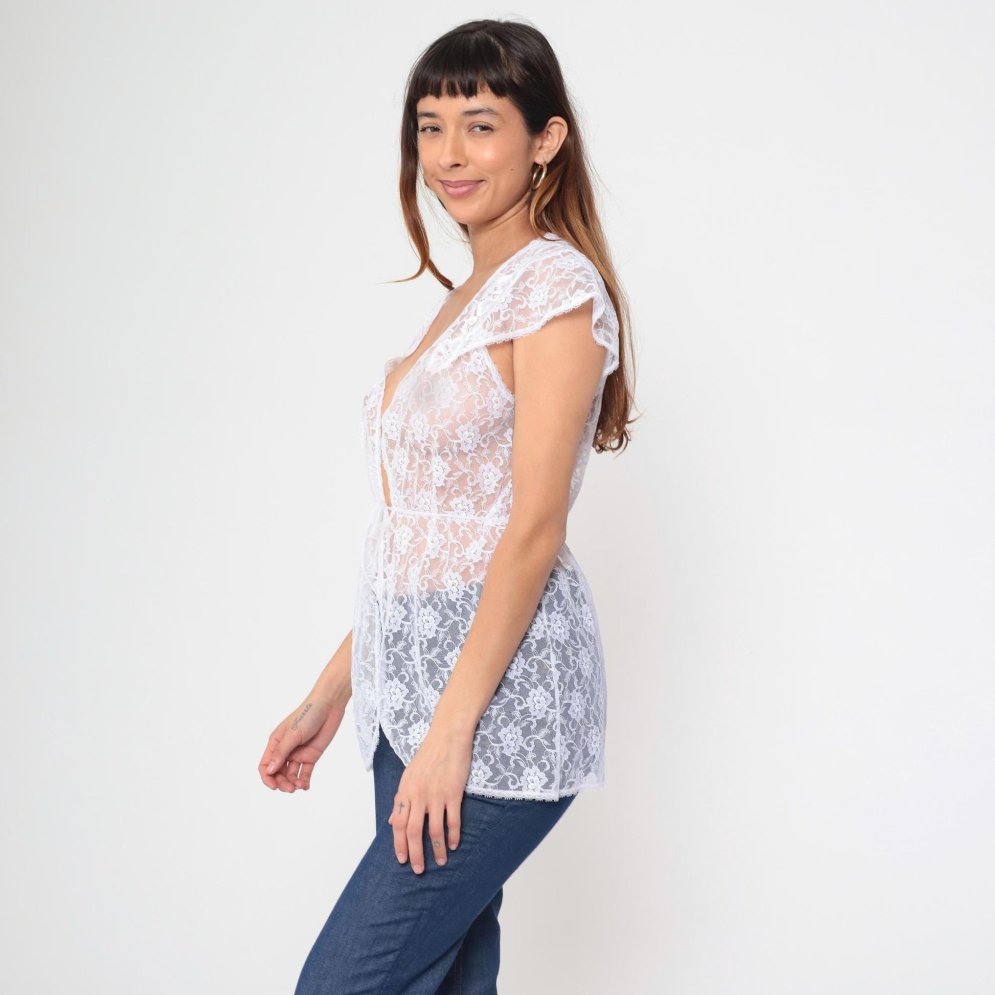 90s Karessa White Lace Blouse Floral Tie Front Cap Sleeve Small S