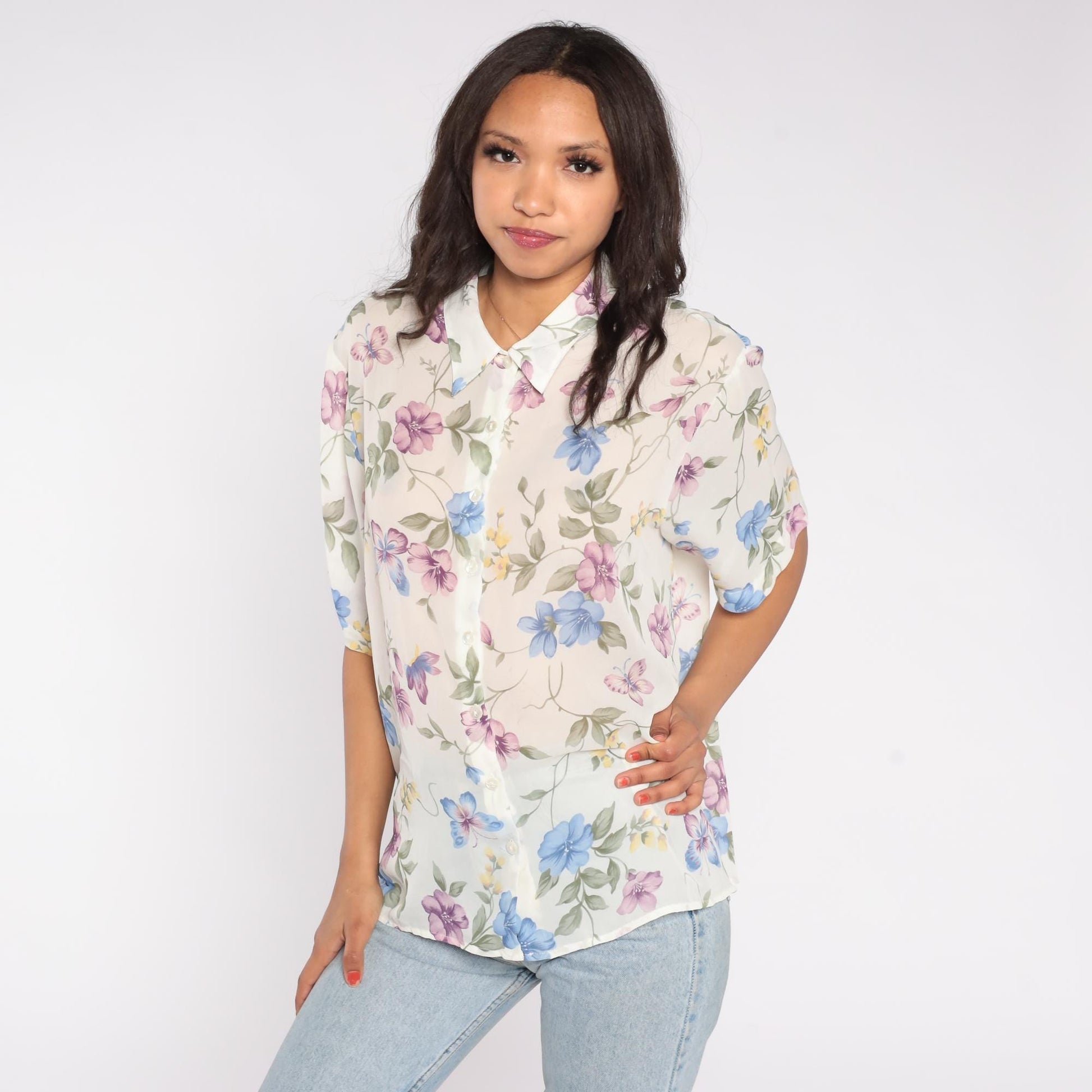 90s Bonworth Floral Button Down Blouse Cream Purple Blue Large Petite