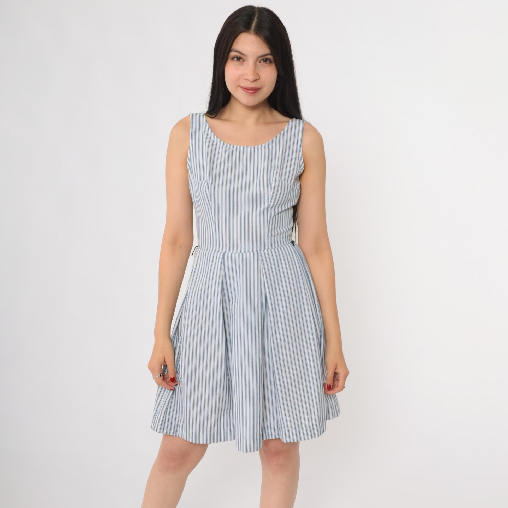 60s Blue White Striped Seersucker Sundress Sleeveless A-Line Scoop Neck Extra Small