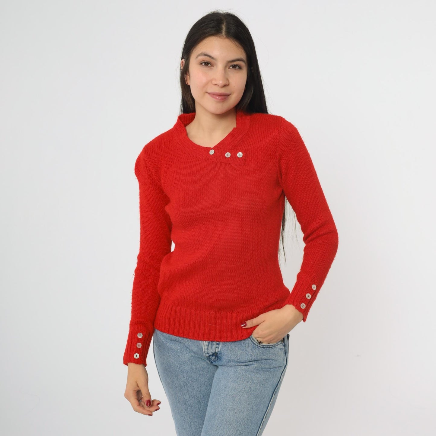 80s Red Knit Sweater Preppy Crewneck Button Detail Small