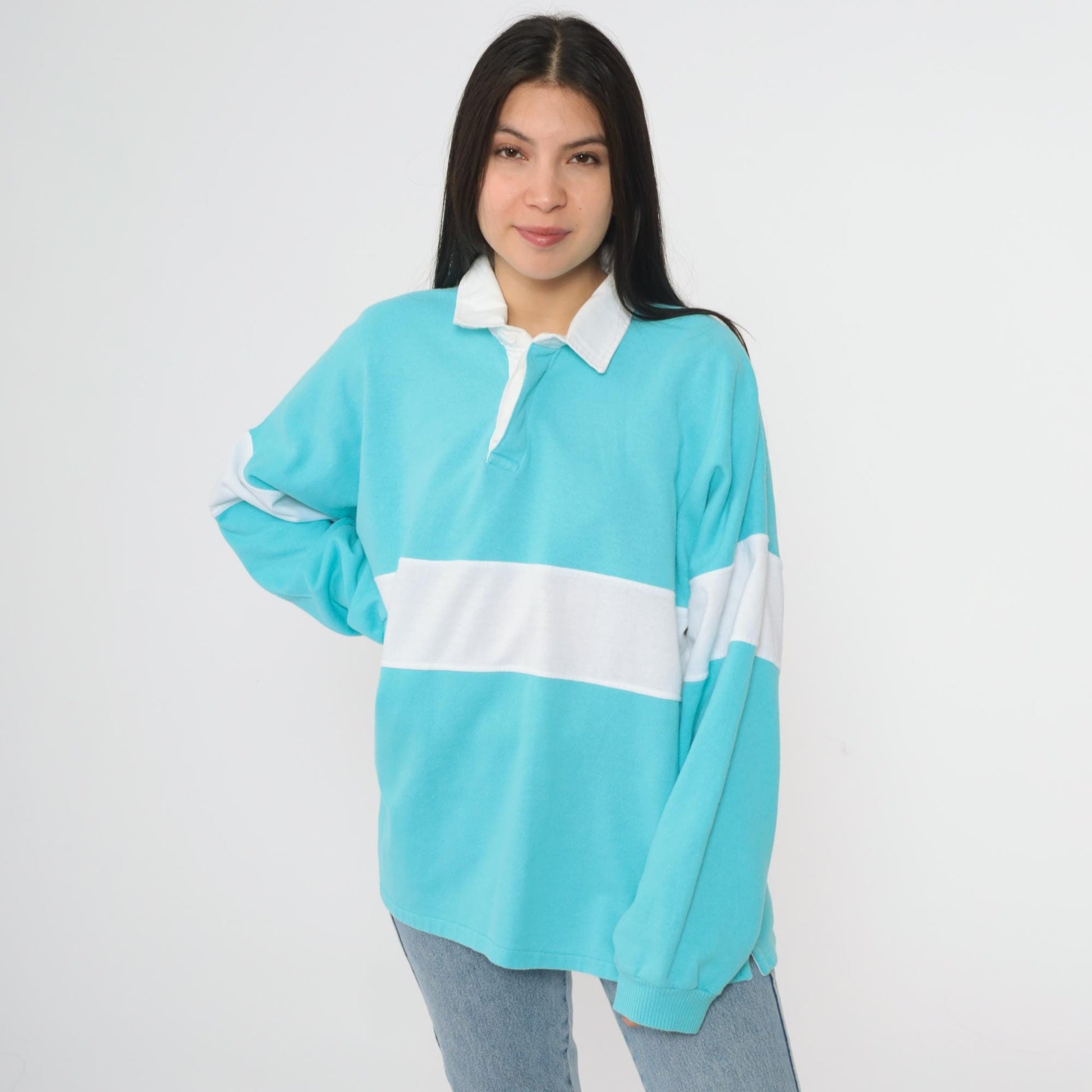 80s Turquoise Rugby Shirt White Stripe Collared Pullover Extra Large XL
