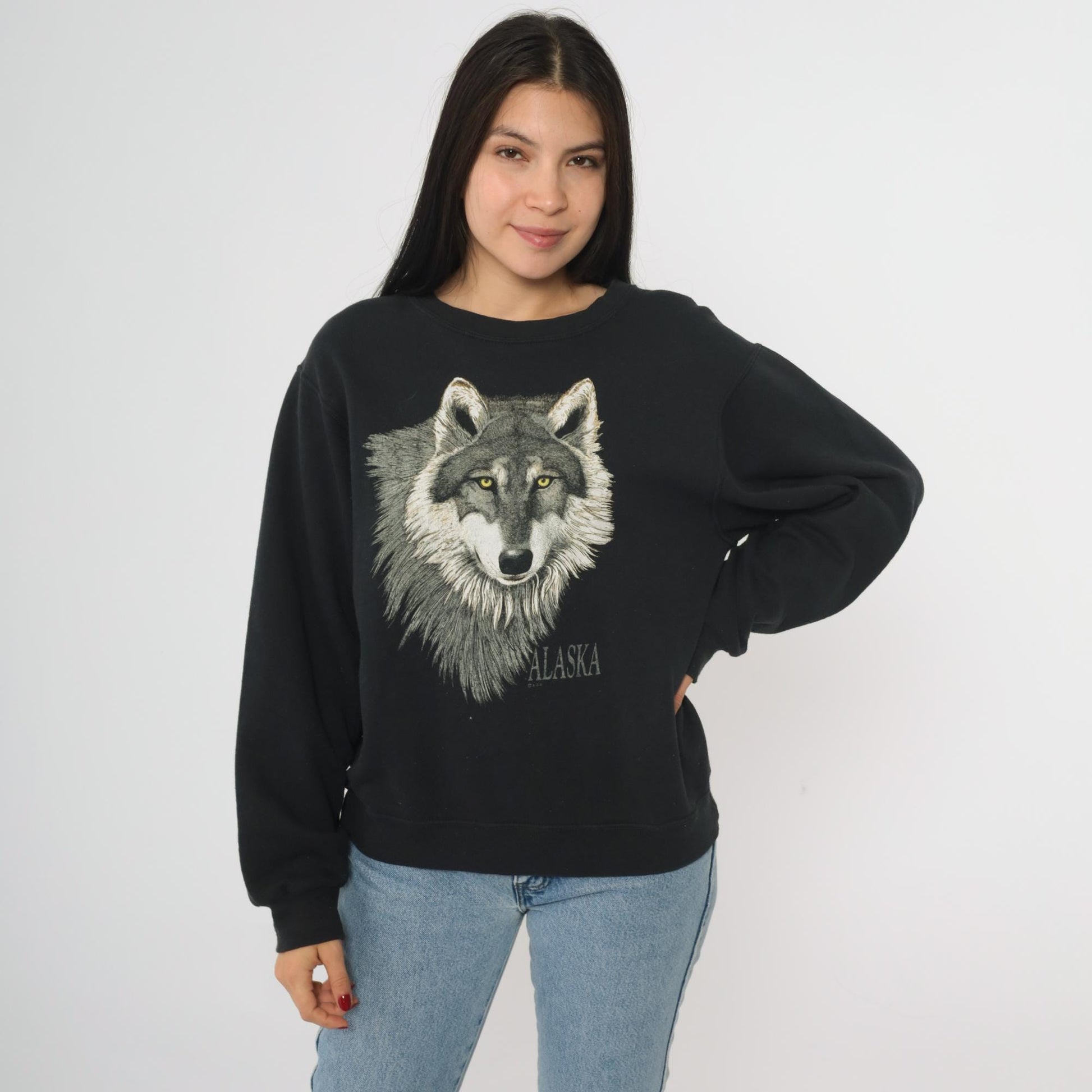 Y2K Wolf Alaska Graphic Sweatshirt Black Crewneck Small S