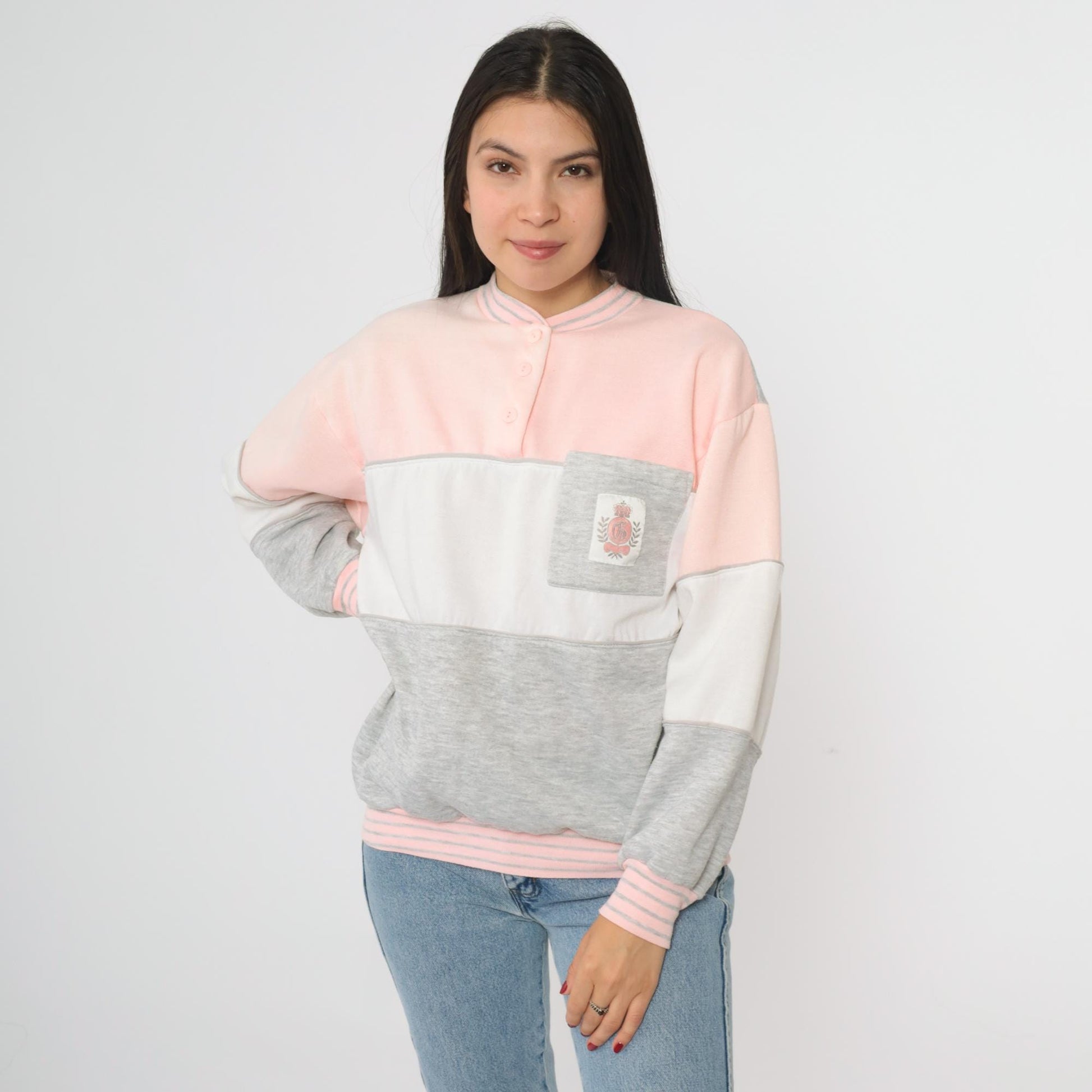 90s Gitano Colorblock Sweatshirt Pink White Grey Henley Collar Medium M