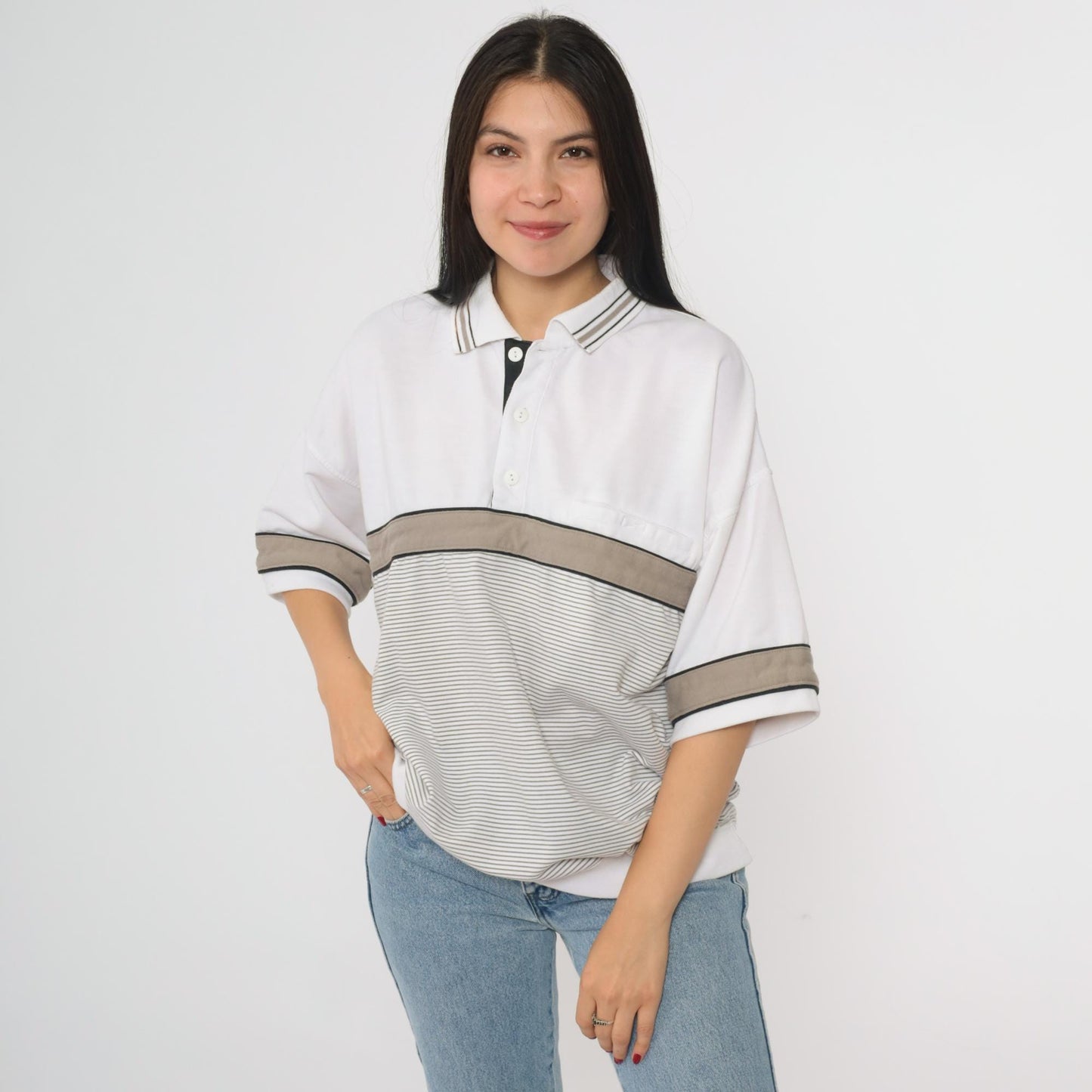 90s Puritan Polo Shirt White Taupe Black Striped Colorblock Large L