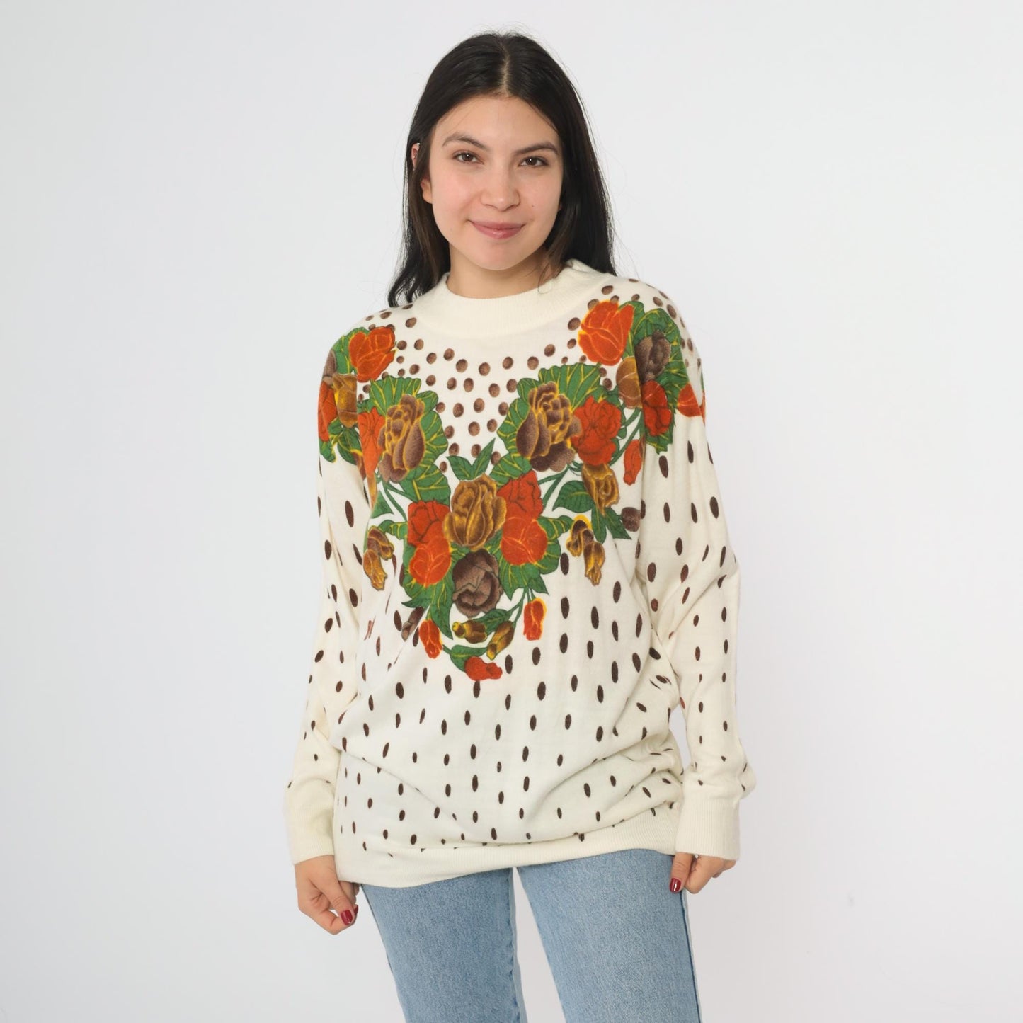 80s General Floral Knit Sweater Cream Rose Heart Print Polka Dot Large