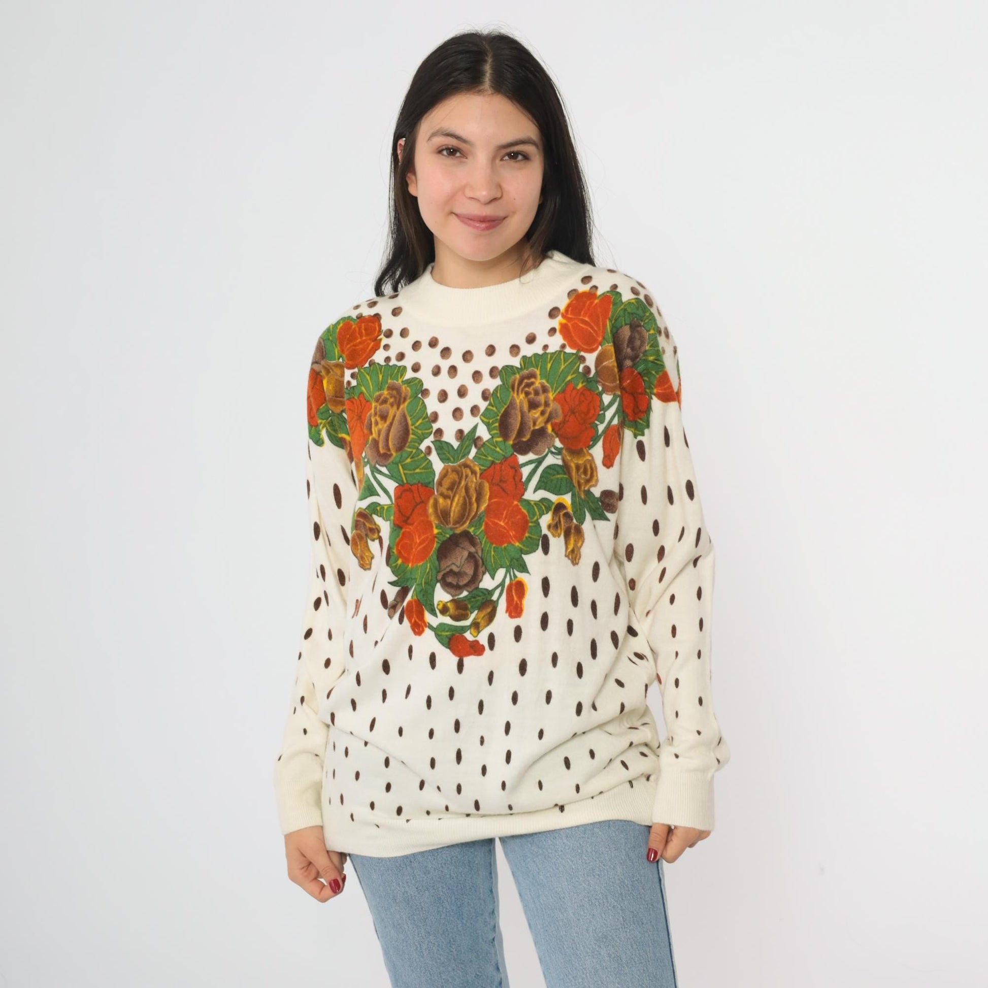 80s General Floral Knit Sweater Cream Rose Heart Print Polka Dot Large