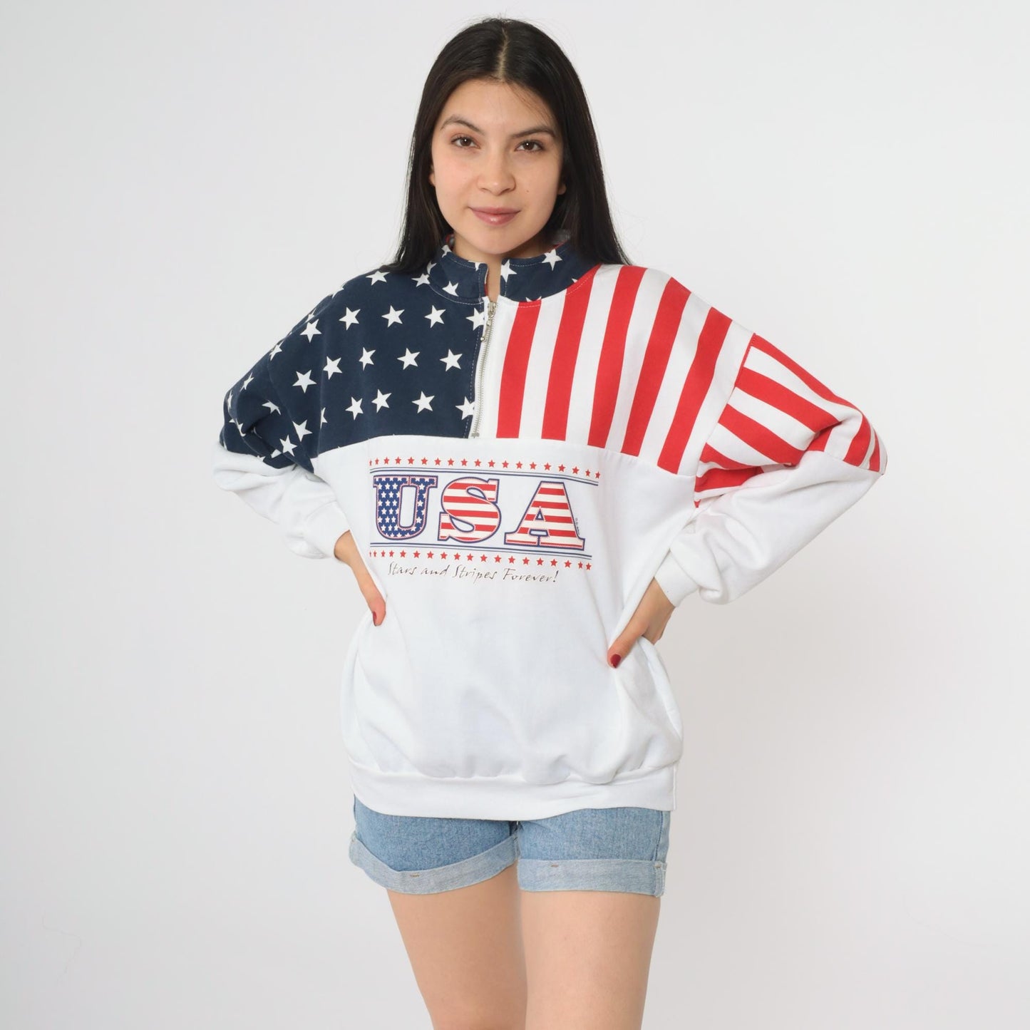 90s USA Flag Half Zip Sweatshirt Stars Stripes Red White Blue Medium