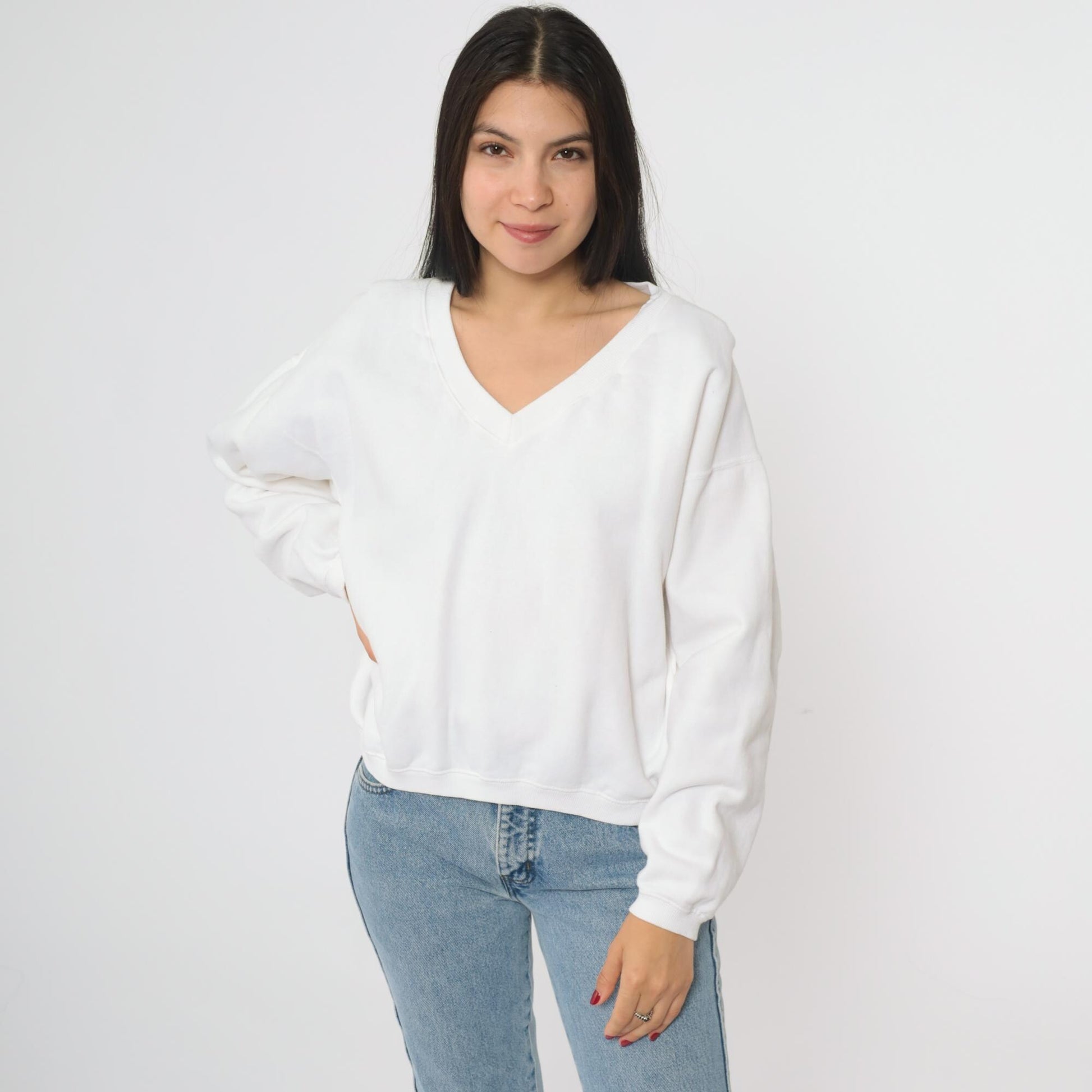90s White V-Neck Sweatshirt Cotton Drop Shoulder Pullover One Size