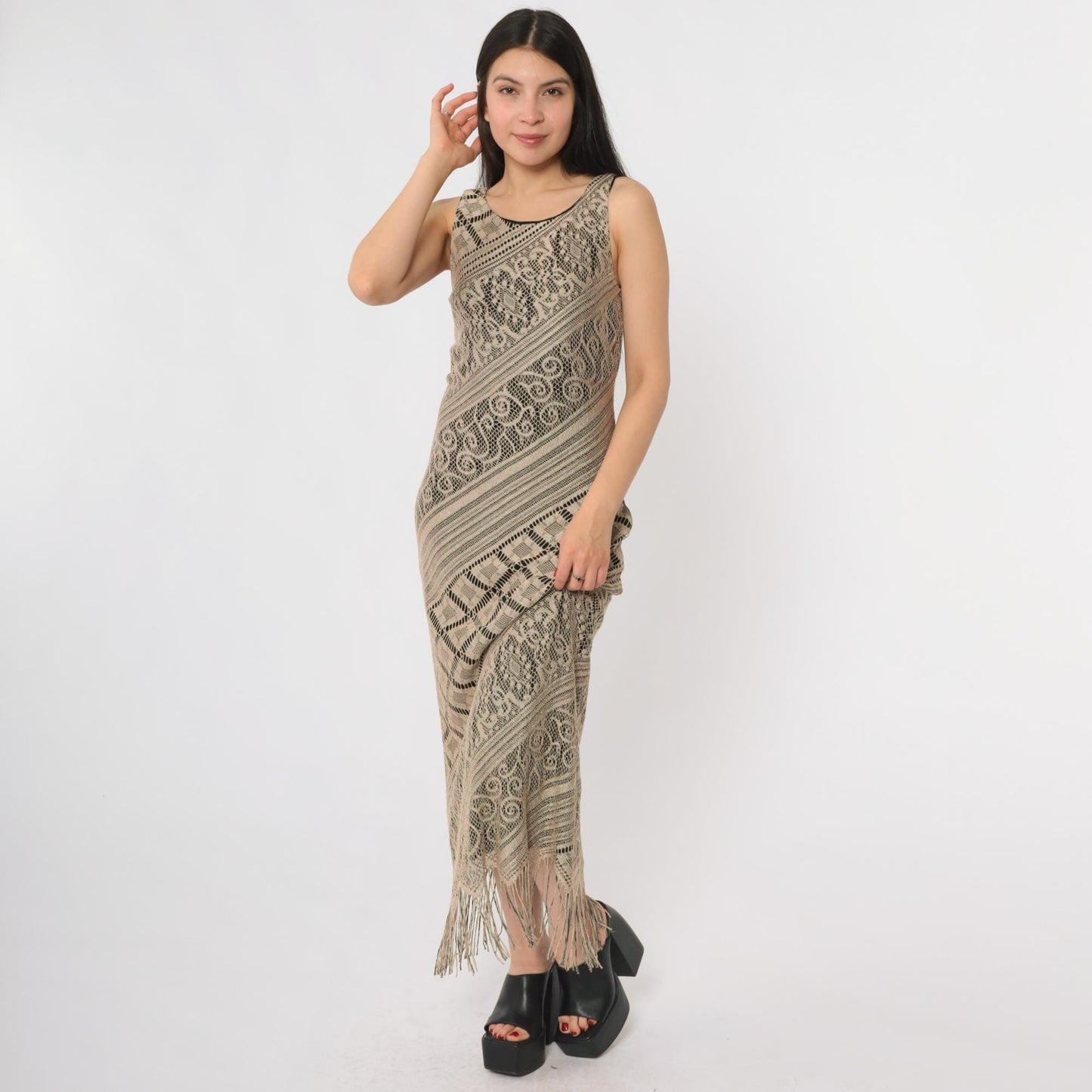 Y2K Crochet Lace Midi Dress Taupe Geometric Fringe Bodycon Small