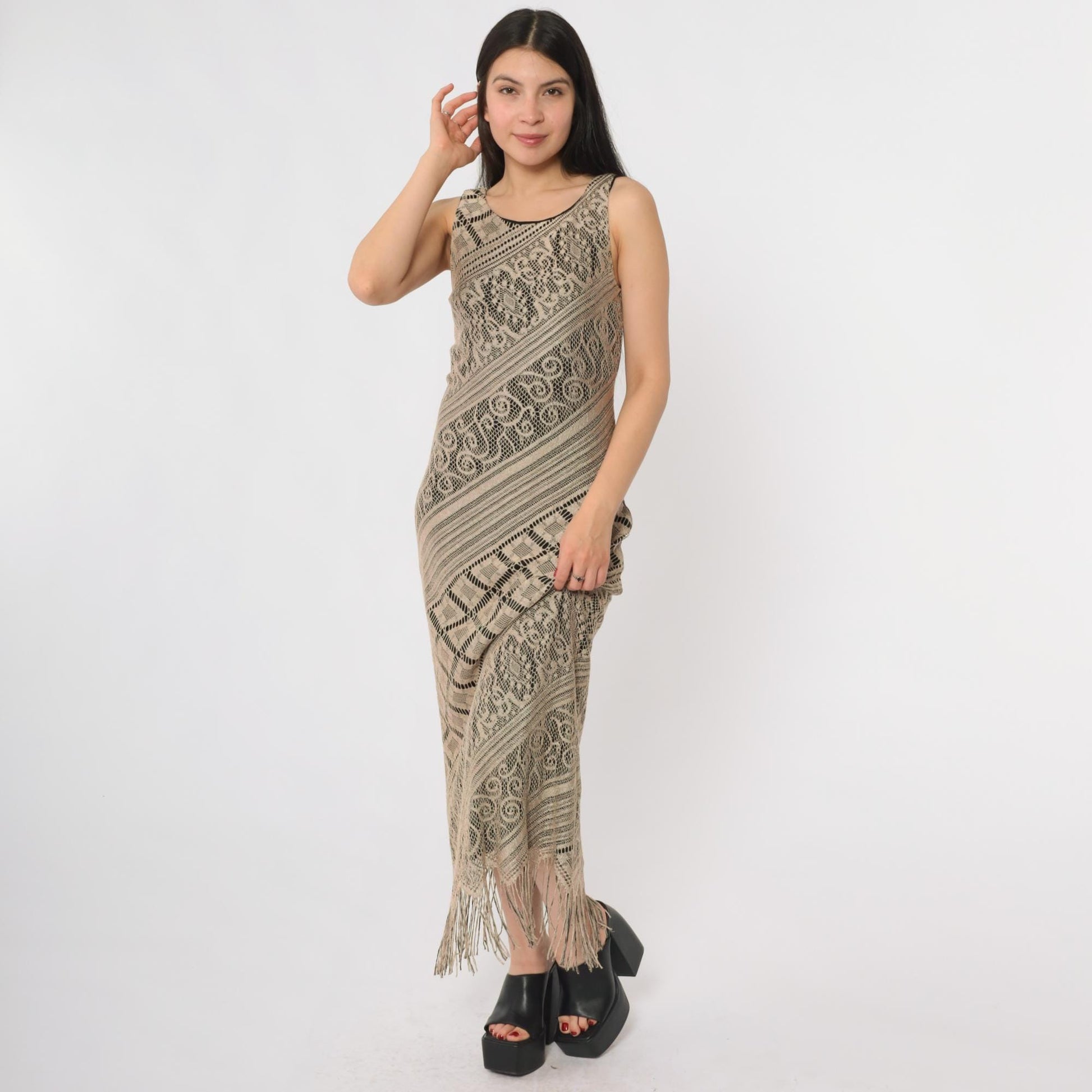 Y2K Crochet Lace Midi Dress Taupe Geometric Fringe Bodycon Small