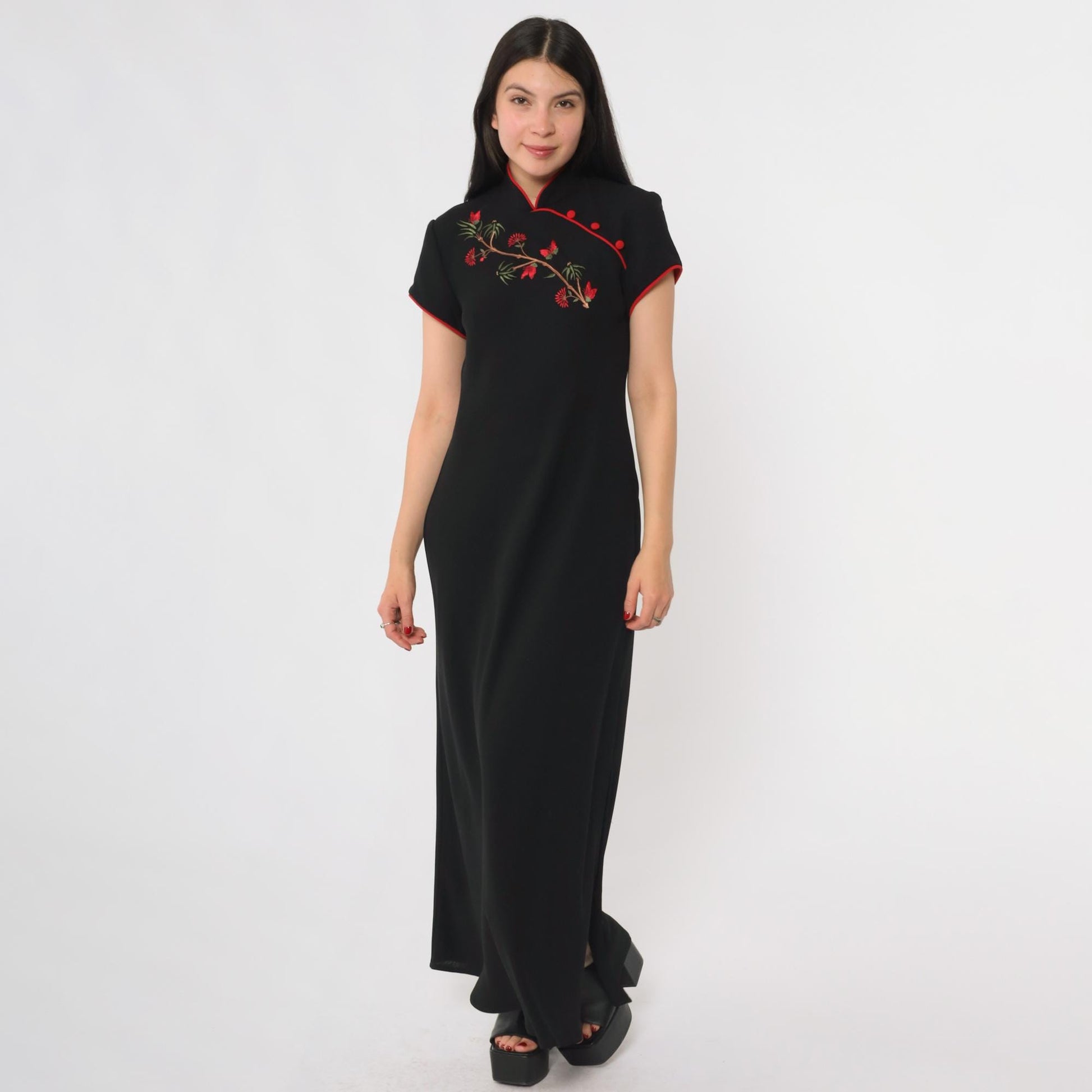 90s S.L. Fashions Black Cheongsam Maxi Dress Mandarin Collar Red Piping Medium