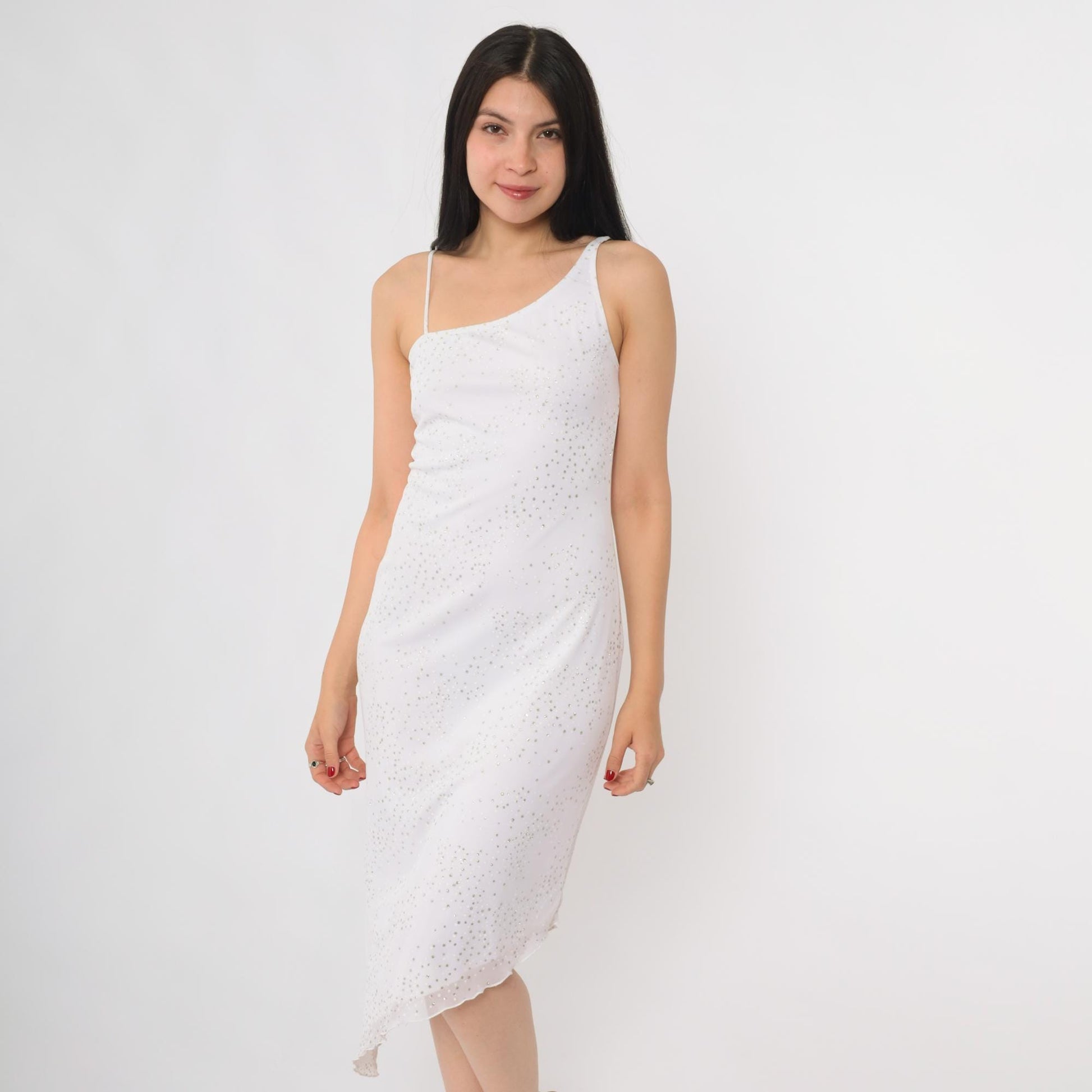 Y2K White Sequin One-Shoulder Midi Slip Dress Medium – Shopexile