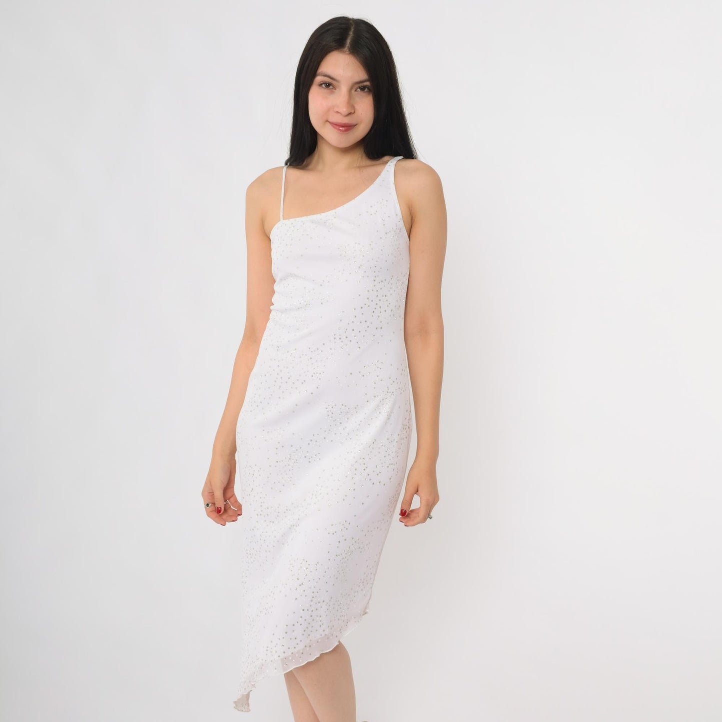 Y2K White Sequin One-Shoulder Slip Dress Midi Silver Bodycon Medium M