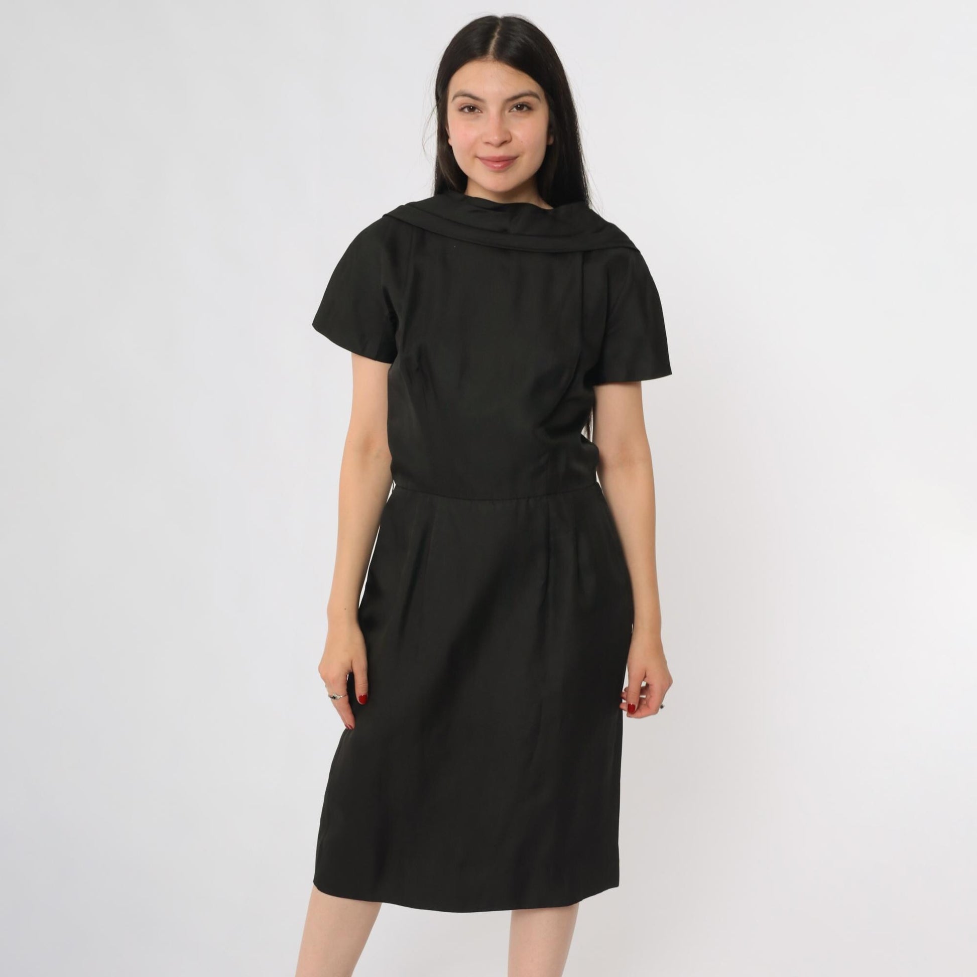 60s Suzy Perette Black Cowl Neck Midi Dress Open Back Large L
