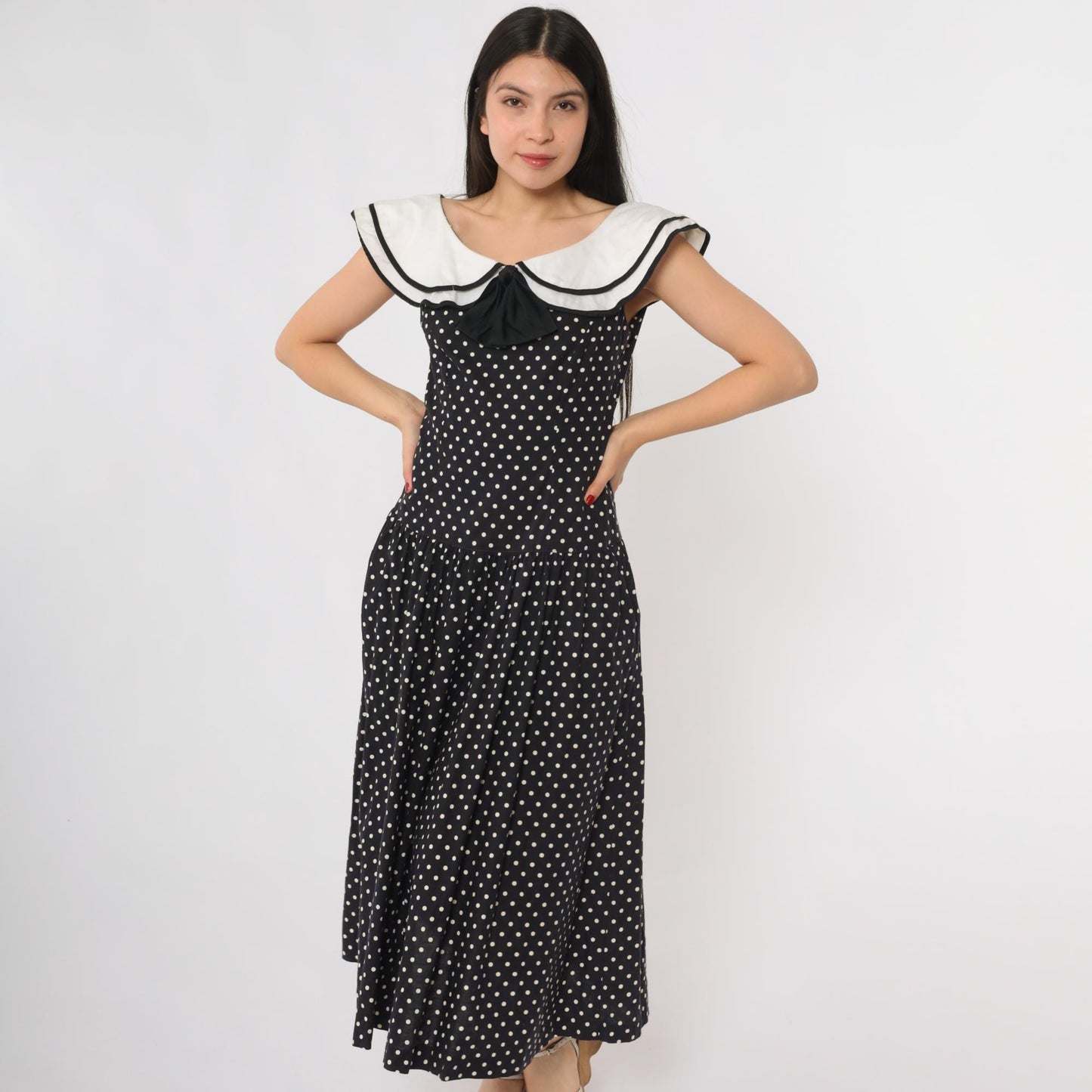 80s Lanz Originals Black White Polka Dot Midi Dress Peter Pan Collar Small