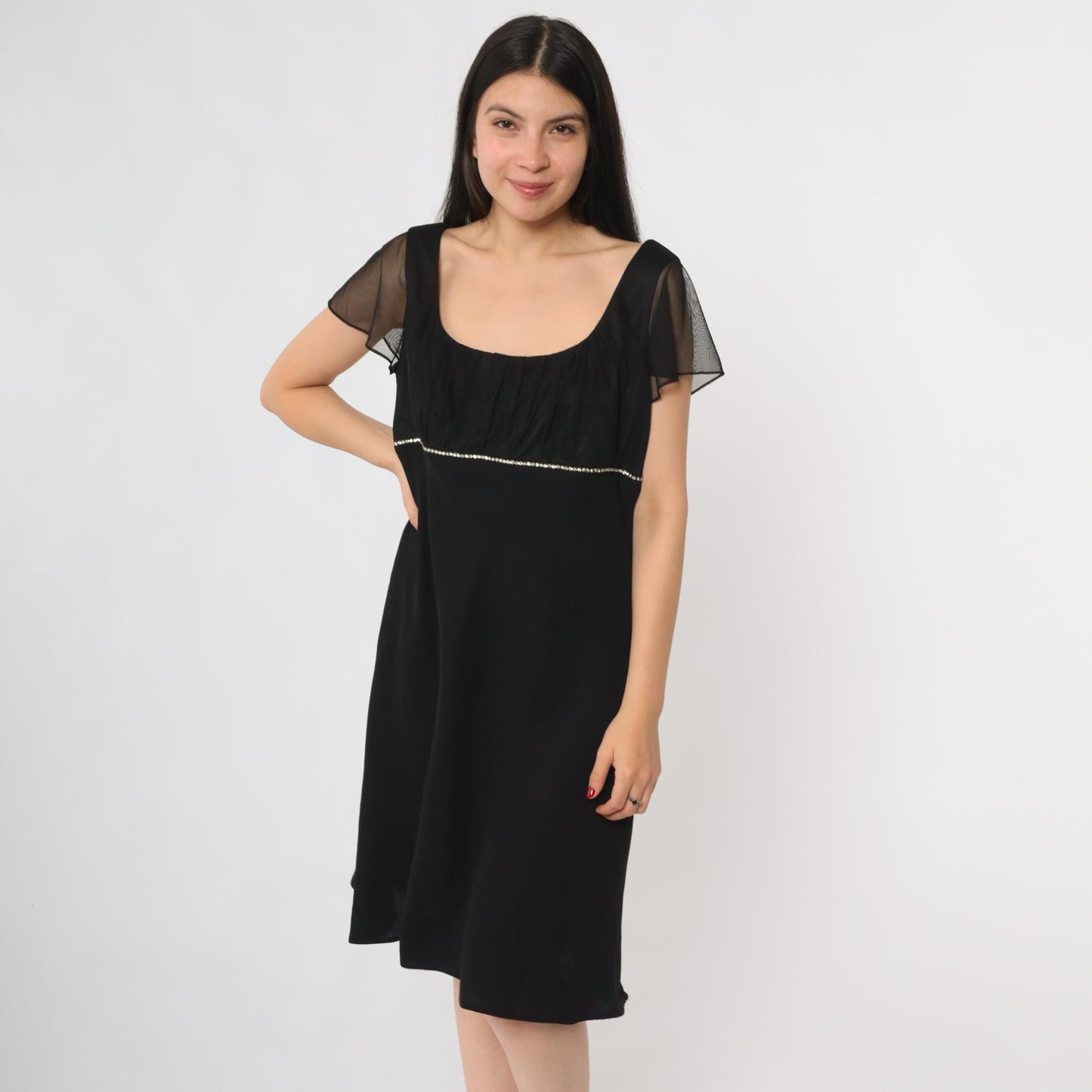 Y2K Black Party Dress Square Neck Rhinestone Waist Mesh Overlay Midi 12 Petite