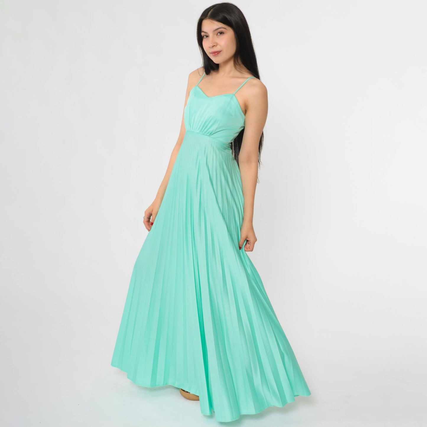 70s Aqua Pleated Maxi Dress Spaghetti Strap Sweetheart Neckline Extra Small XS