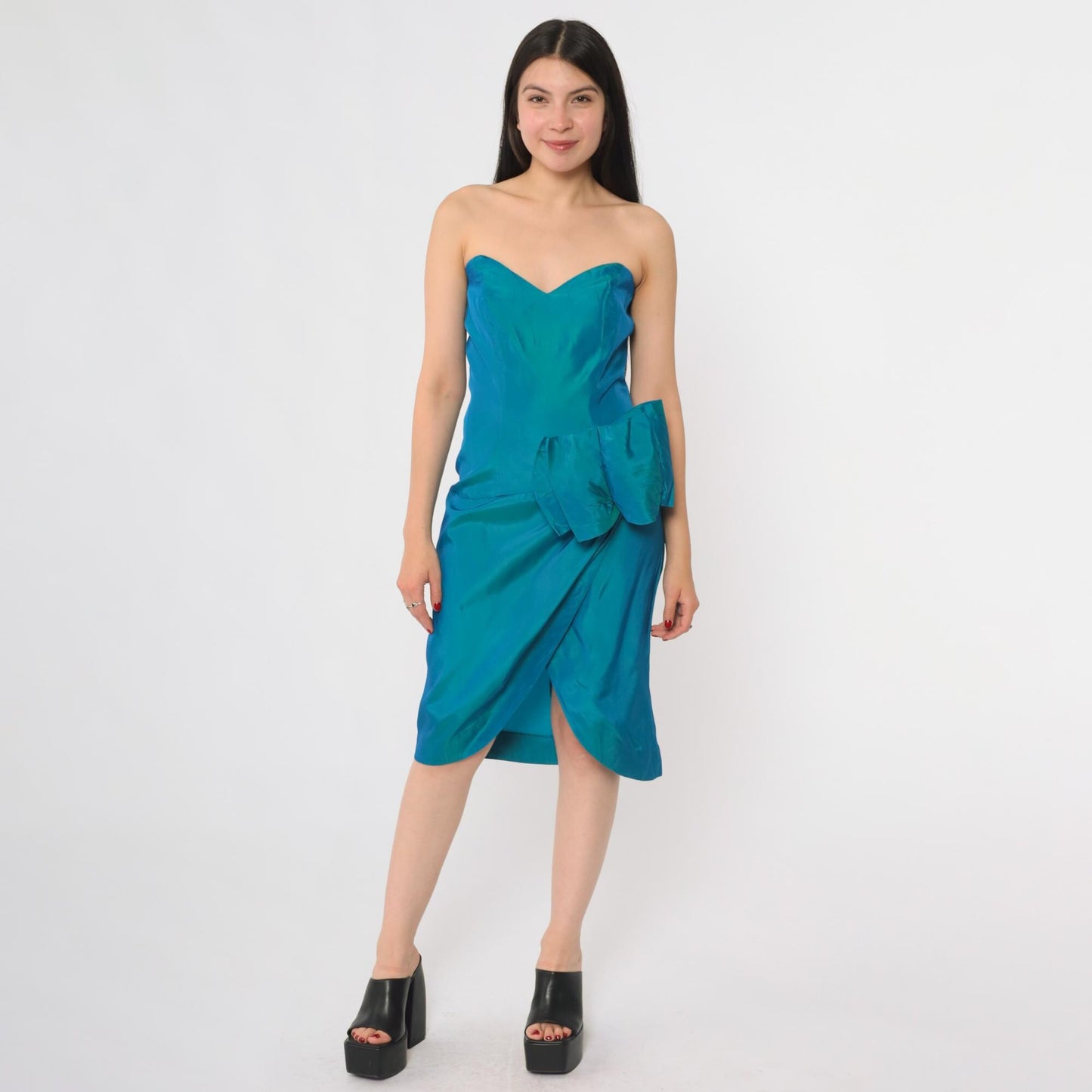 80s Niki Teal Strapless Sweetheart Bow Knee-Length Cocktail Dress Small