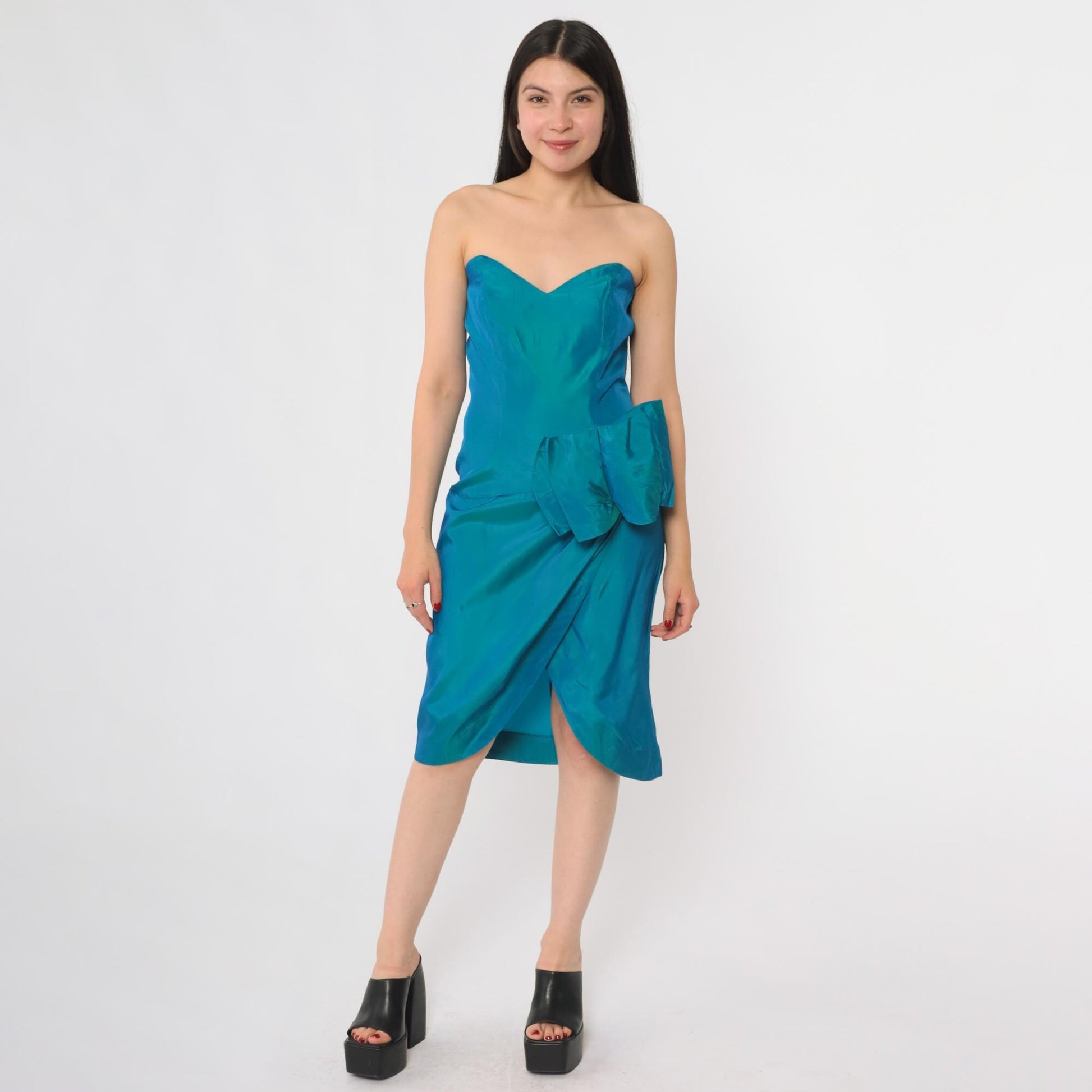 80s Niki Teal Strapless Sweetheart Bow Knee-Length Cocktail Dress Small
