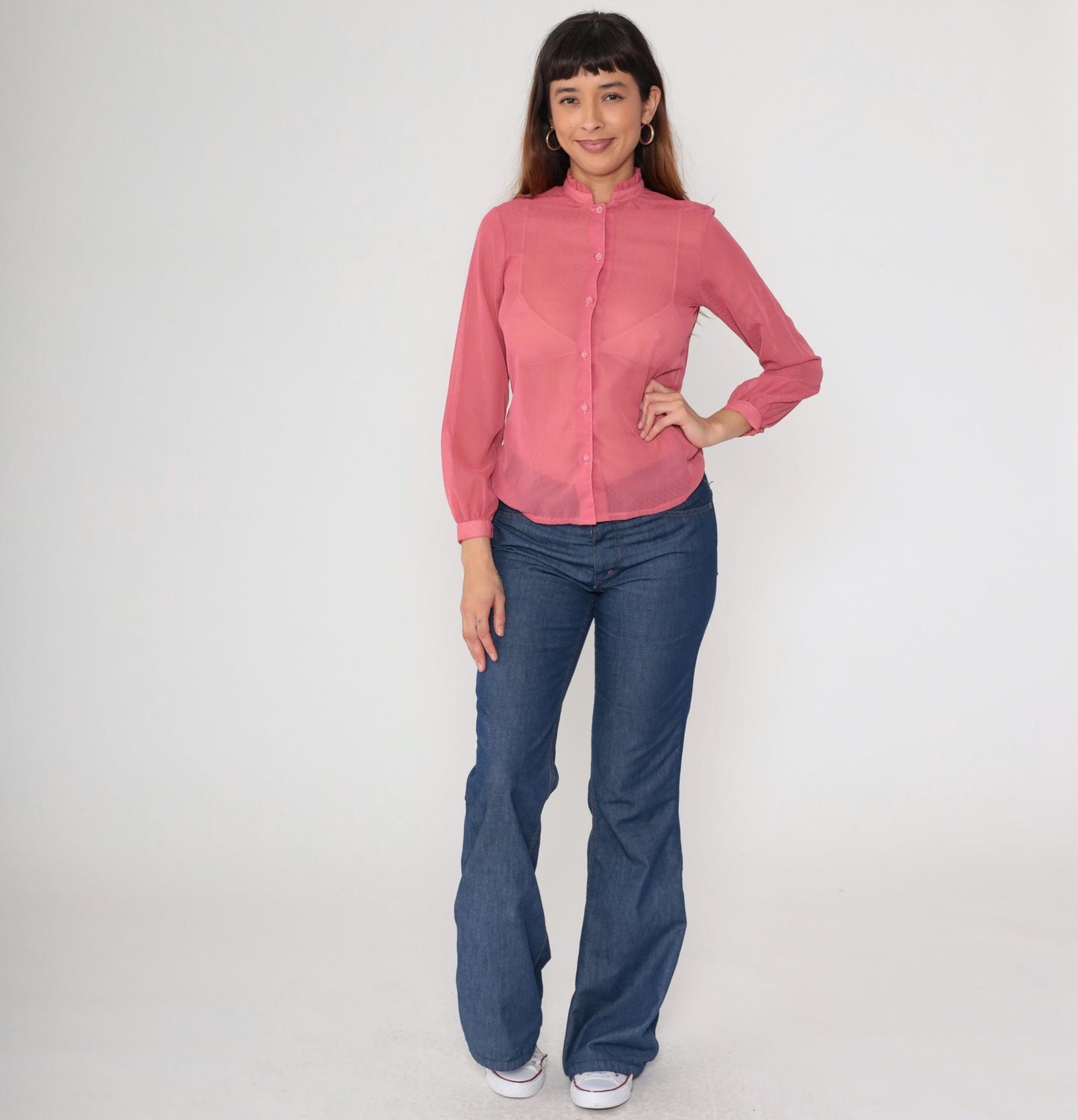 1970s Coral Pink Sheer Blouse Ruffle Collar Button Front Long Sleeve Small