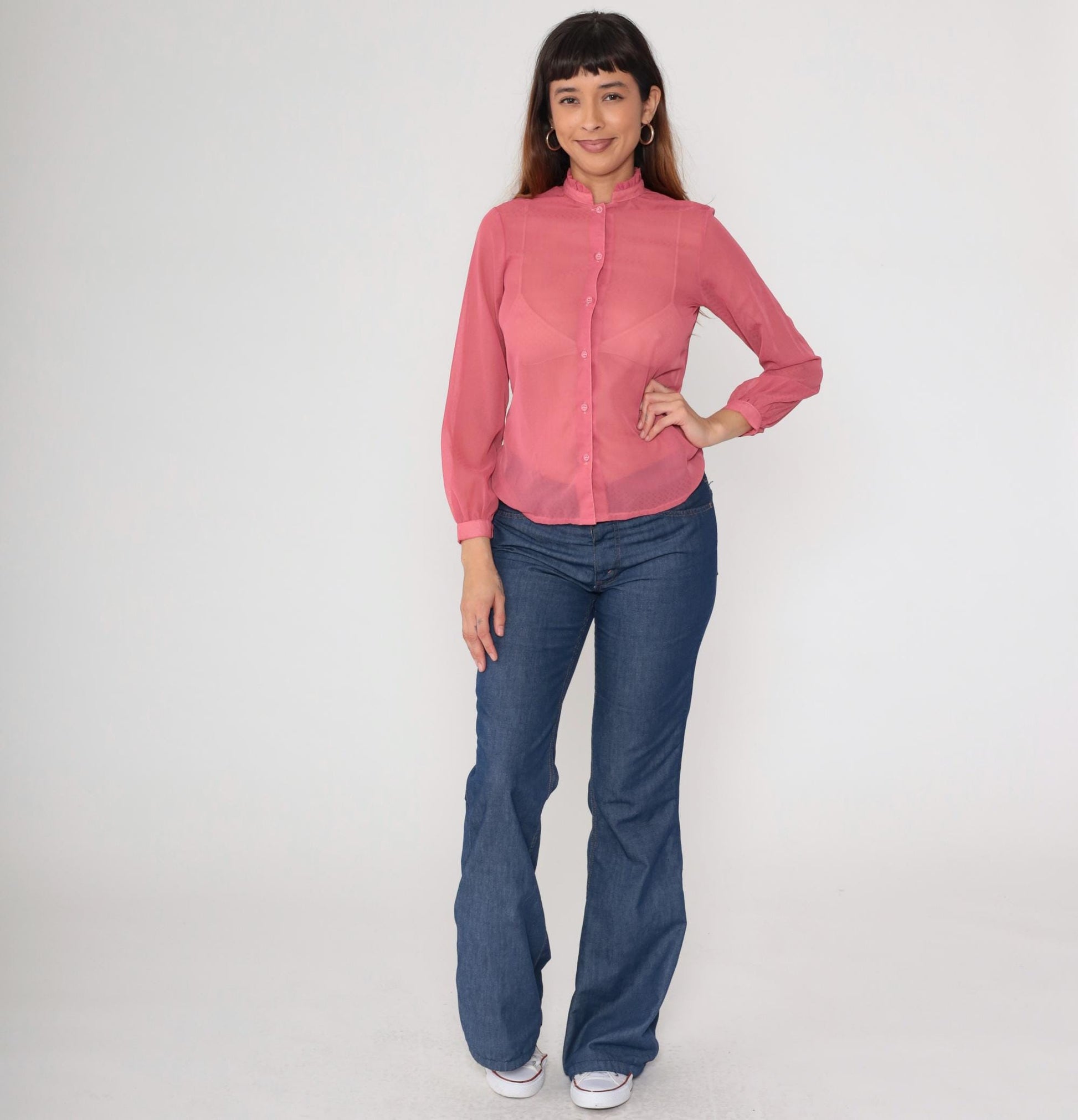 1970s Coral Pink Sheer Blouse Ruffle Collar Button Front Long Sleeve Small