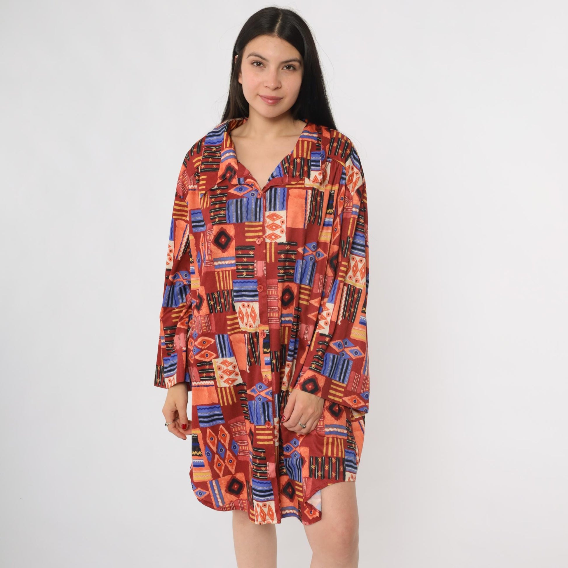 90s Sue Brett Tribal Print Mini Shirt Dress Button Front Long Sleeve Plus Size XXL
