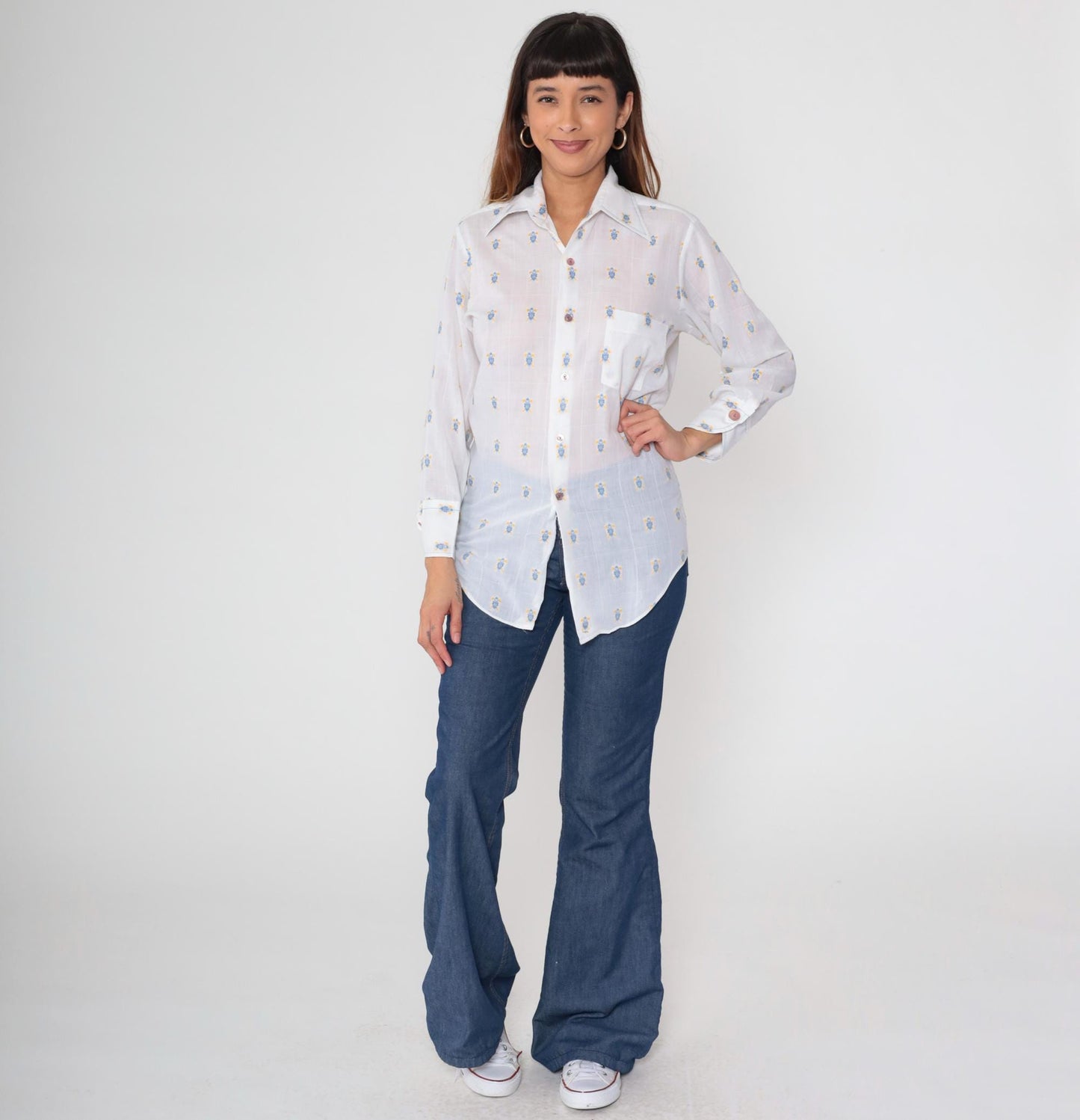 70s Lancer of California Turtle Print Button-Up Shirt White Cotton Medium