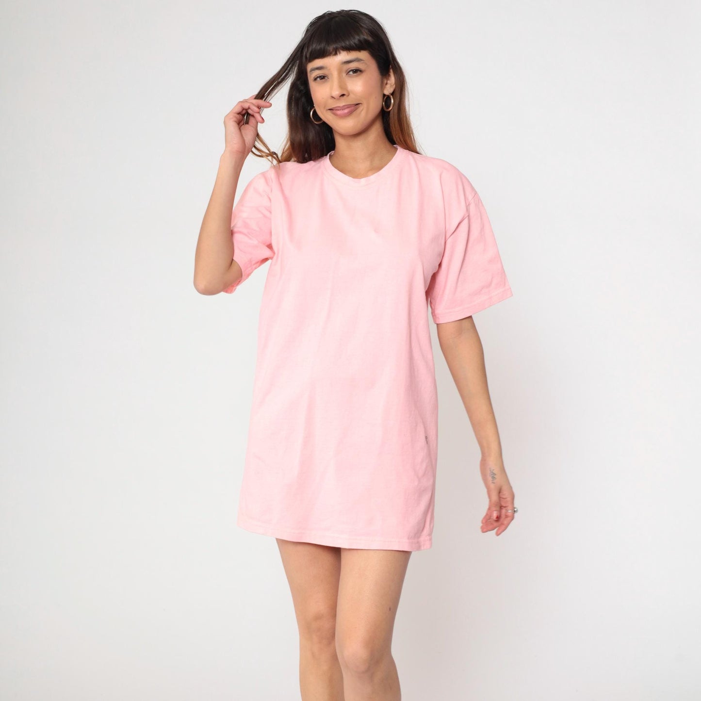 90s Pink Cotton T-Shirt Dress Crew Neck Short Sleeve Mid-Thigh One Size