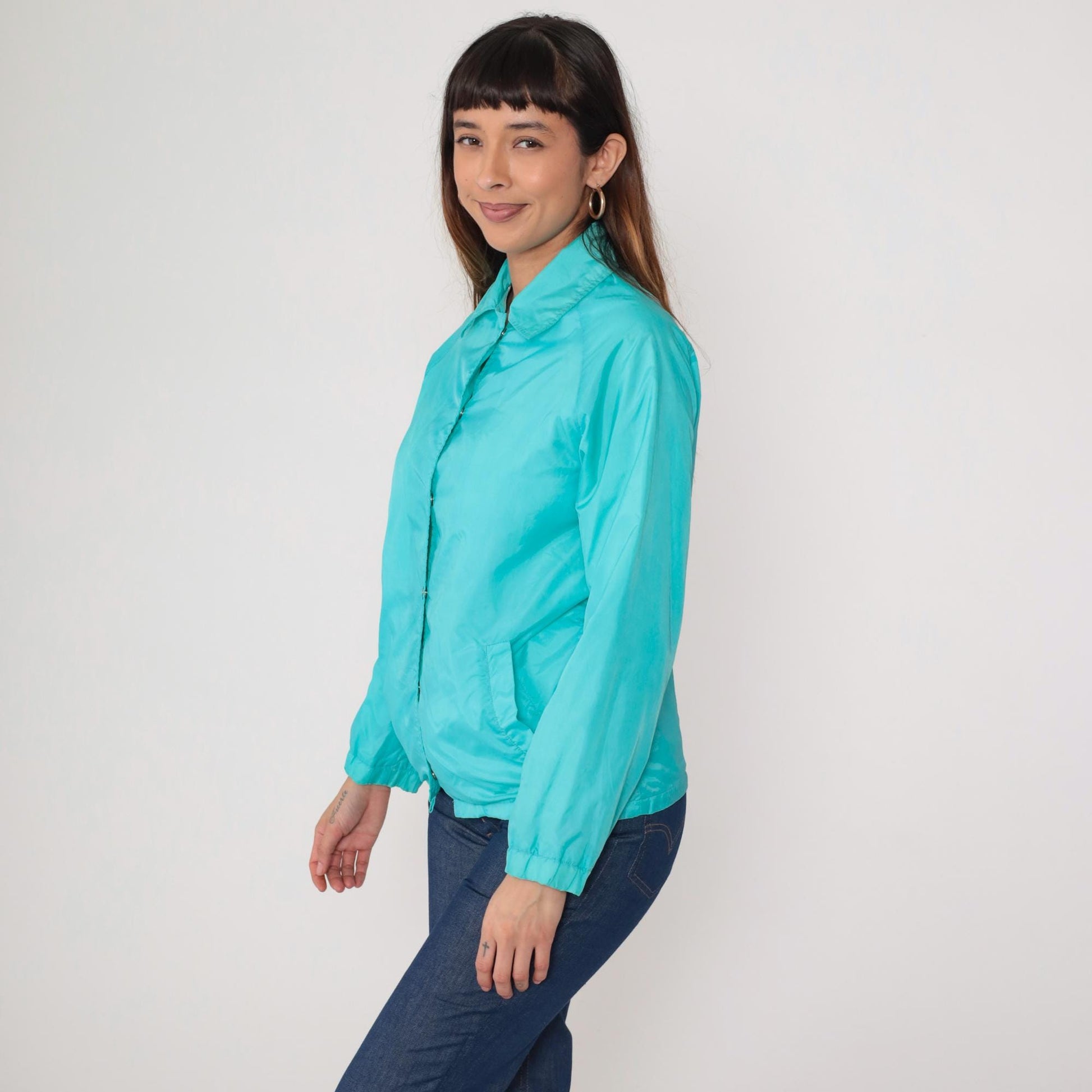 80s Teal Nylon Windbreaker Snap-Up Jacket Cotton Lined Small