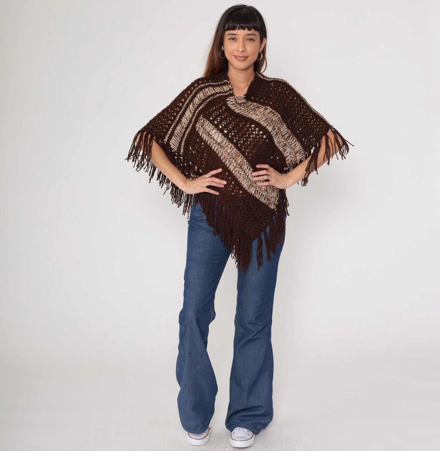 1970s Brown Crochet Poncho Fringe Geometric Stripe Knit Small Medium
