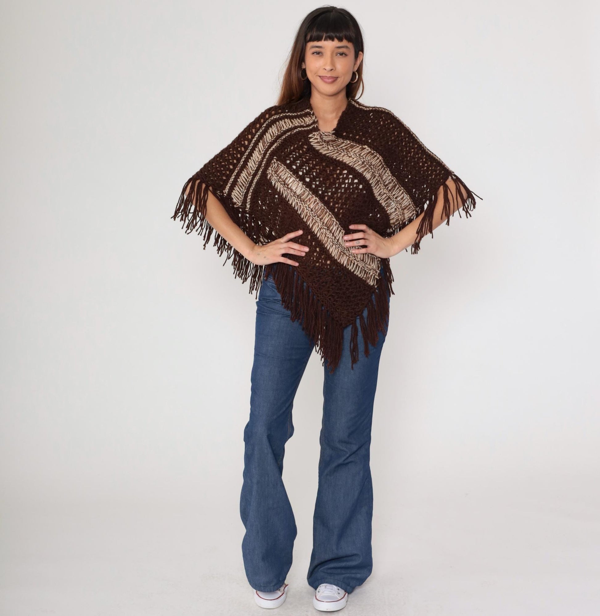 1970s Brown Crochet Poncho Fringe Geometric Stripe Knit Small Medium