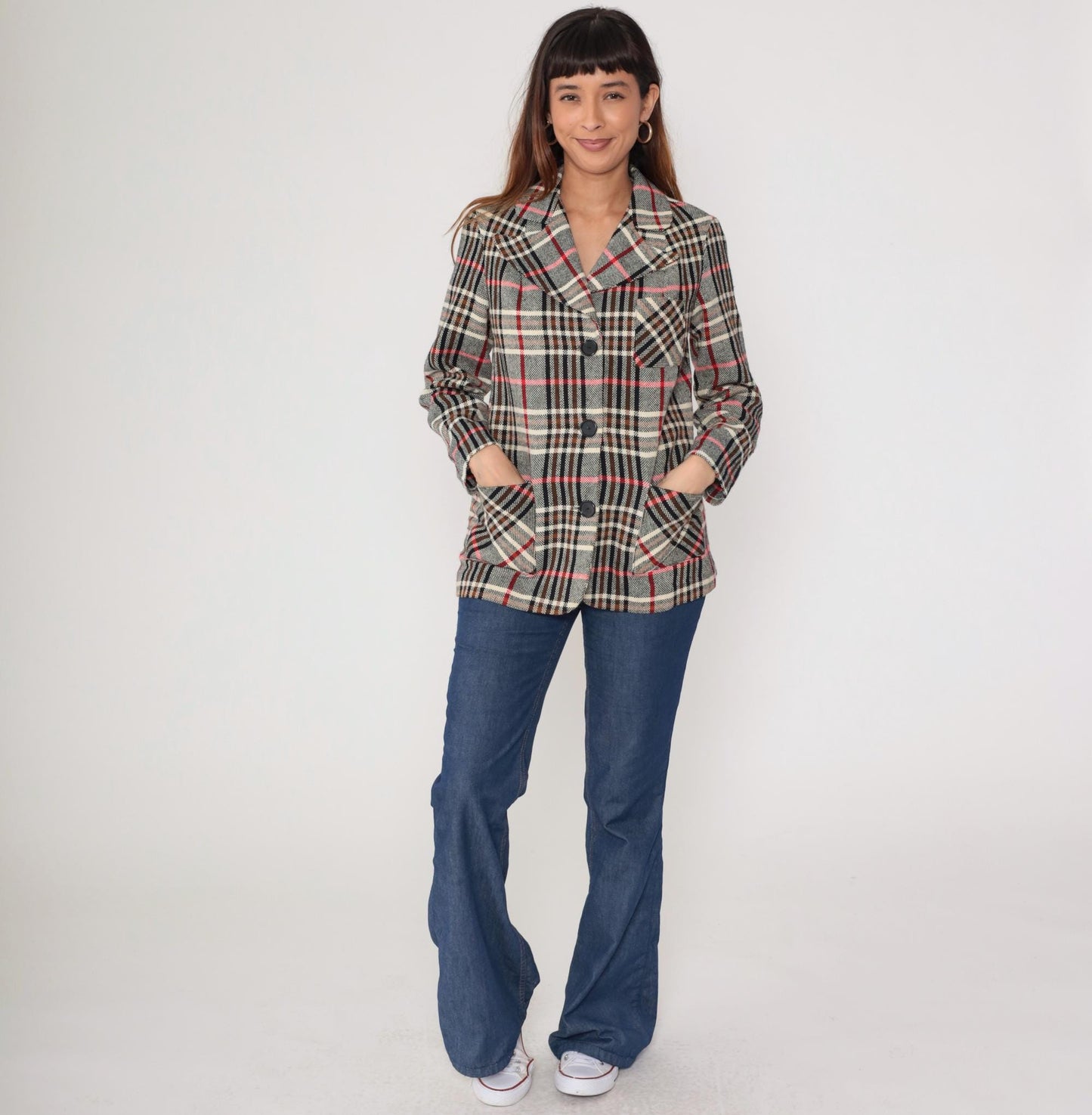 1970s Plaid Blazer Tartan Brown Red Cream Black Button Front Medium M