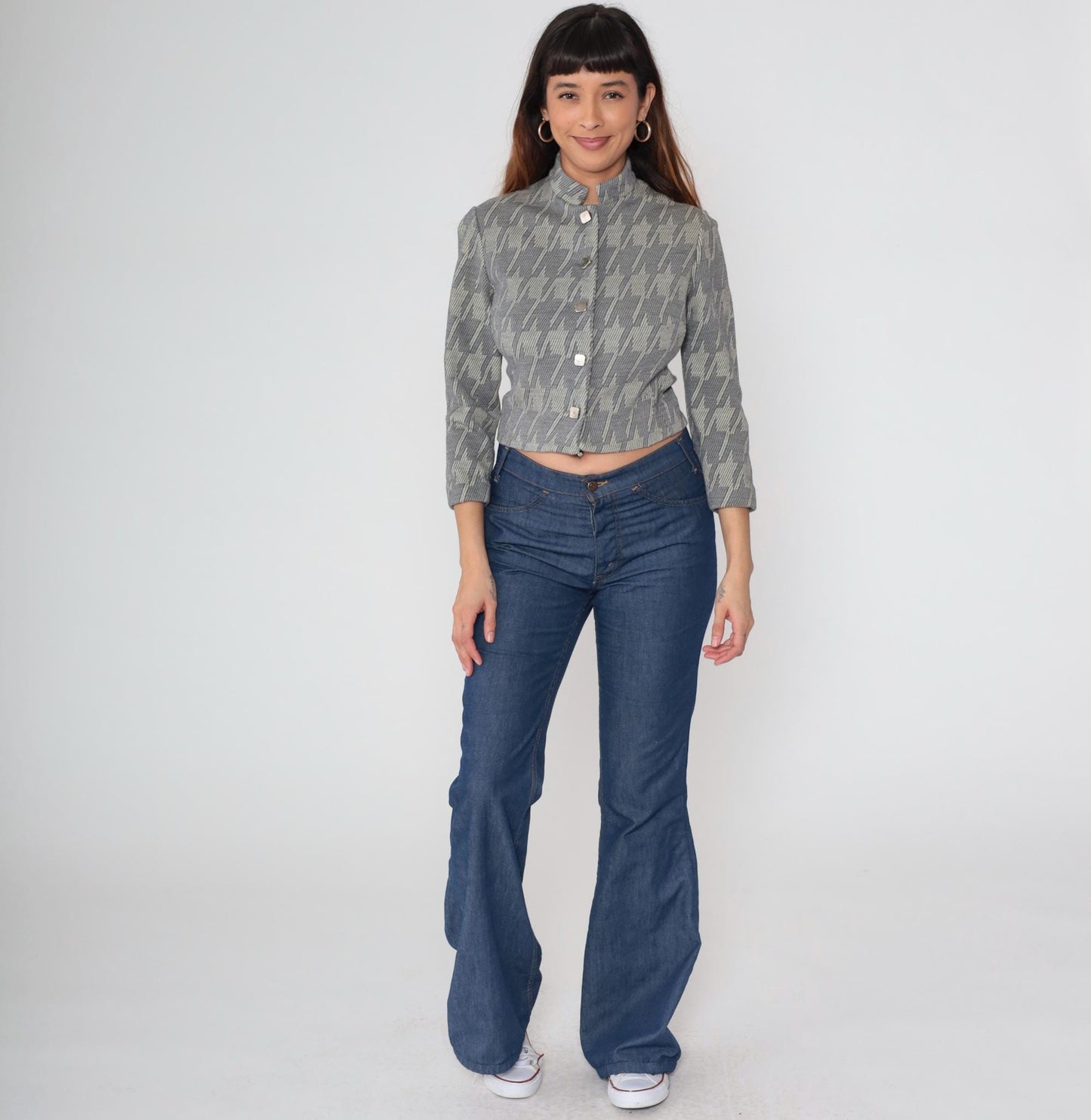 1960s Grey Houndstooth Cropped Jacket Button Front Stand Collar Small S