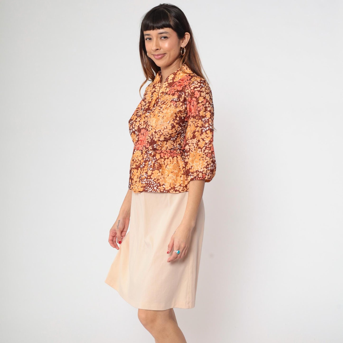 80s Floral Midi Dress Brown Orange Yellow V-Neck Peplum Waist Short Sleeve Medium