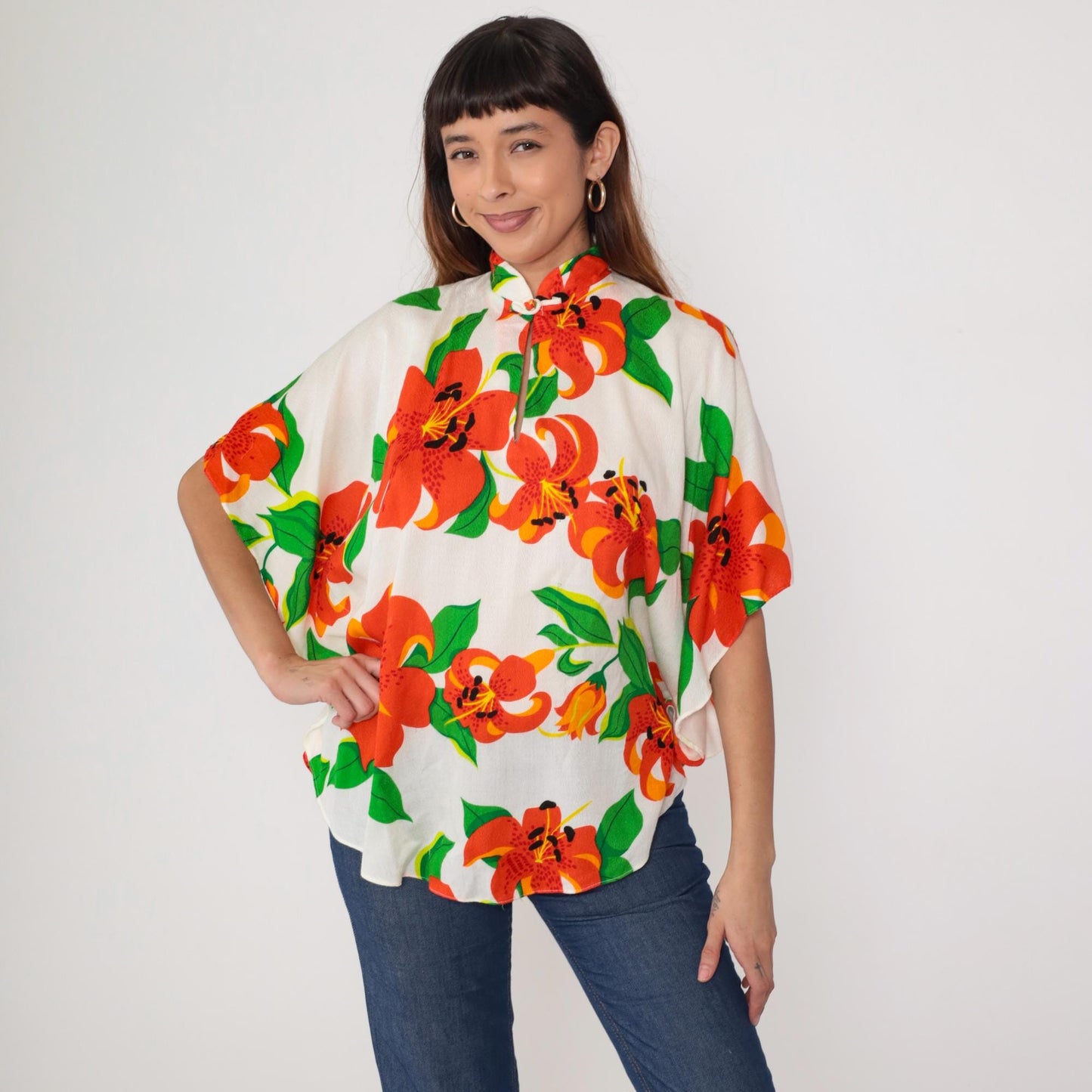 70s Waltah Clarkes Tropical Floral Caftan Kimono Blouse White One Size
