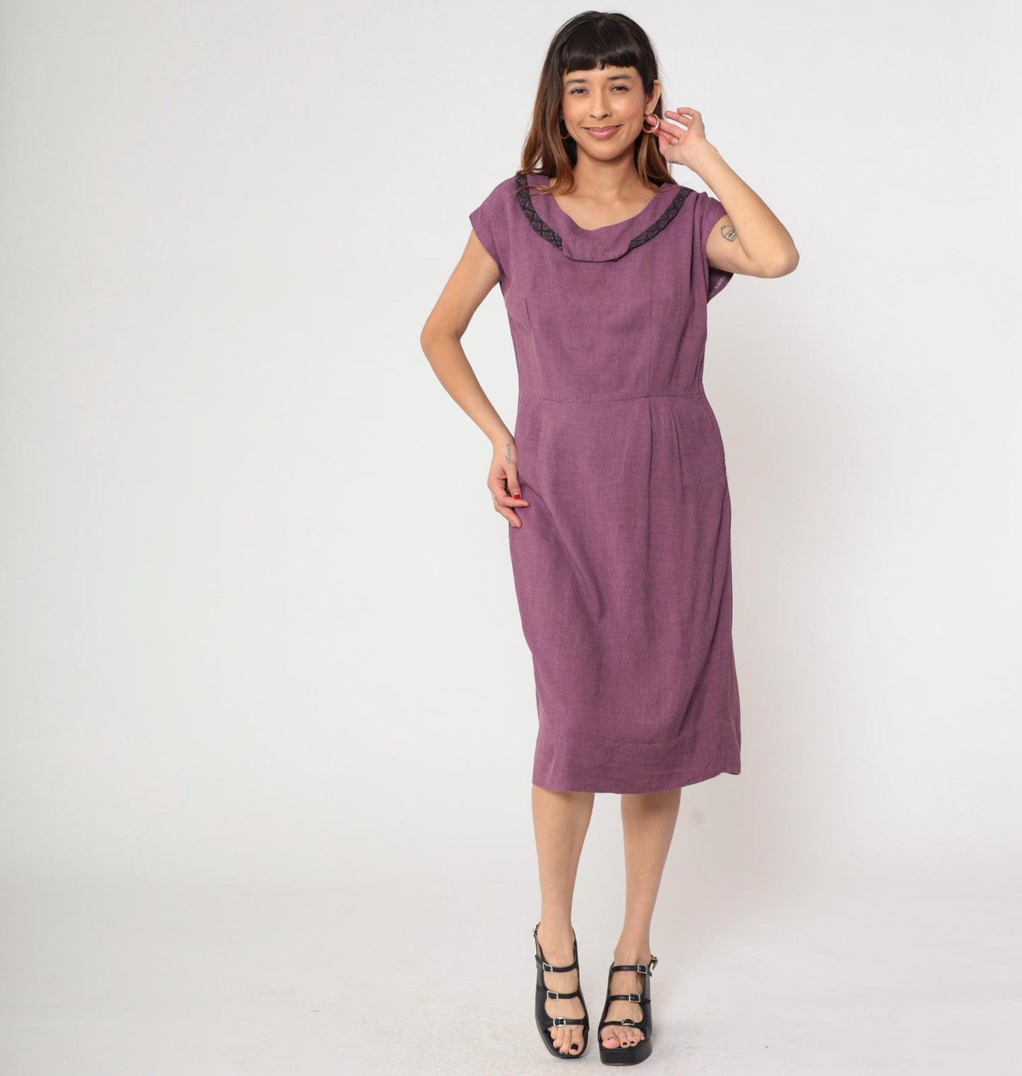 60s Gloria Swanson Purple Midi Dress Cowl Neckline Lattice Trim Large