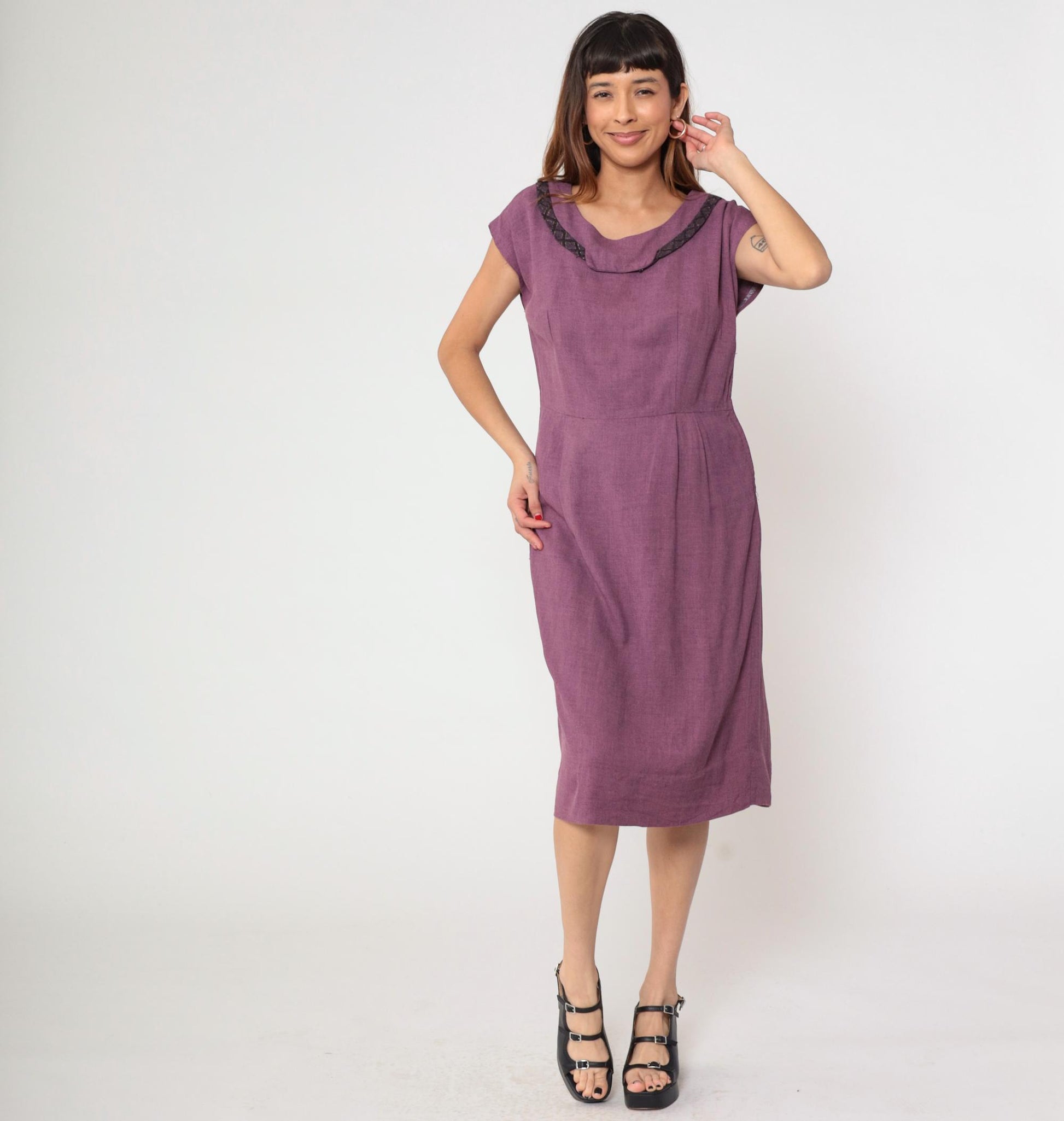 60s Gloria Swanson Purple Midi Dress Cowl Neckline Lattice Trim Large