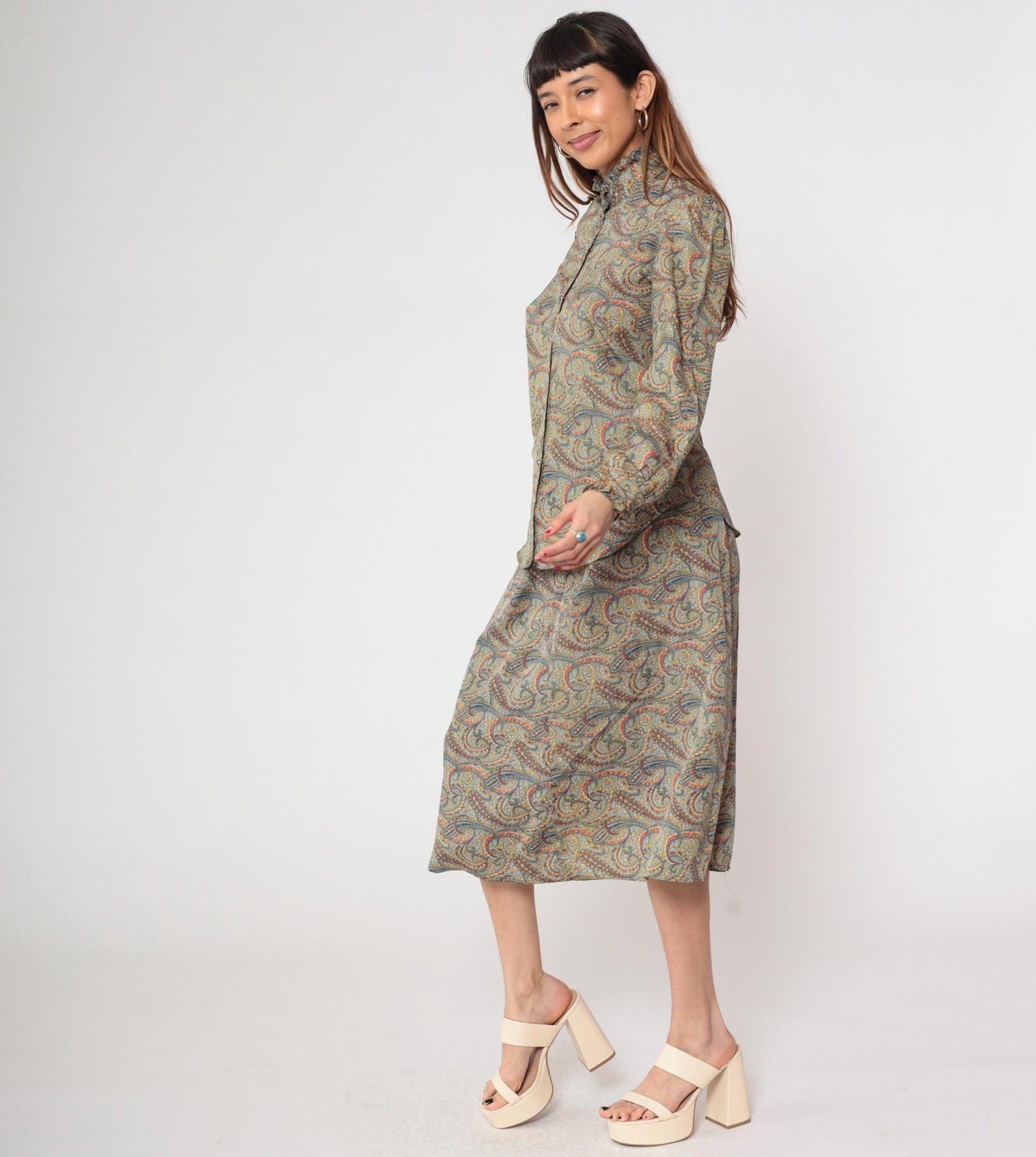 70s The Villager Paisley Two Piece Set Sage Green Blouse Midi Skirt Small