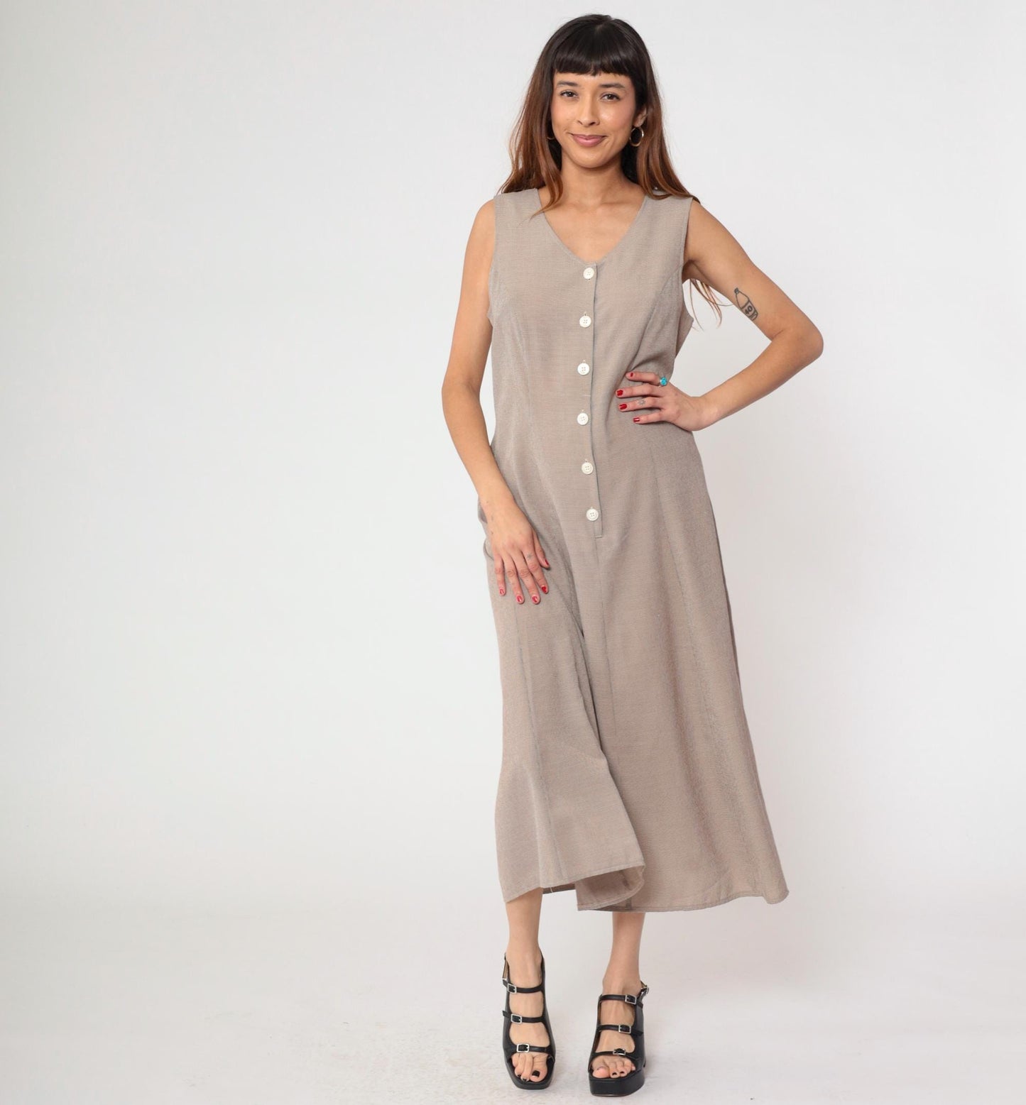 90s Kathie Lee Taupe Maxi Dress V Neck Lace Up Back Sleeveless Medium