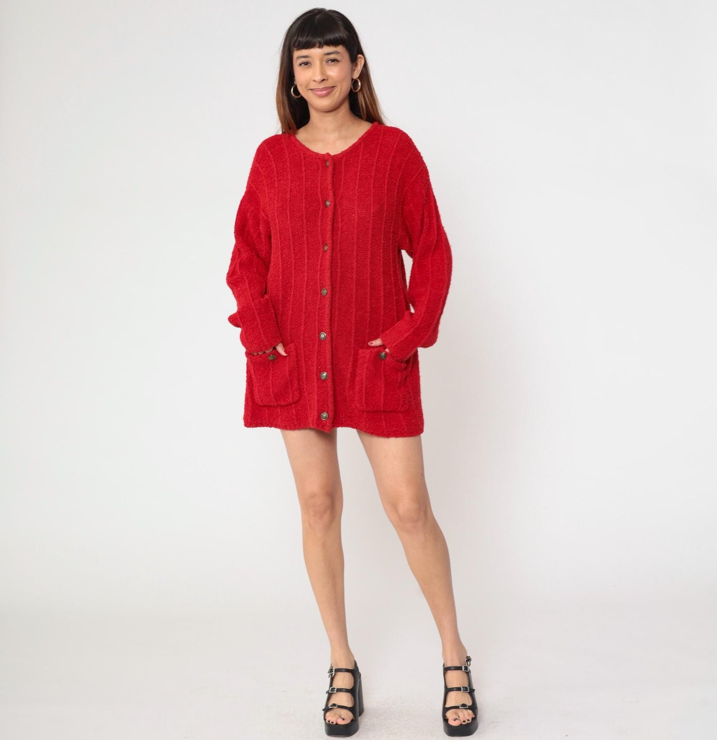 80s Fabriano Red Cardigan Sweater Chunky Knit Button Front Medium M