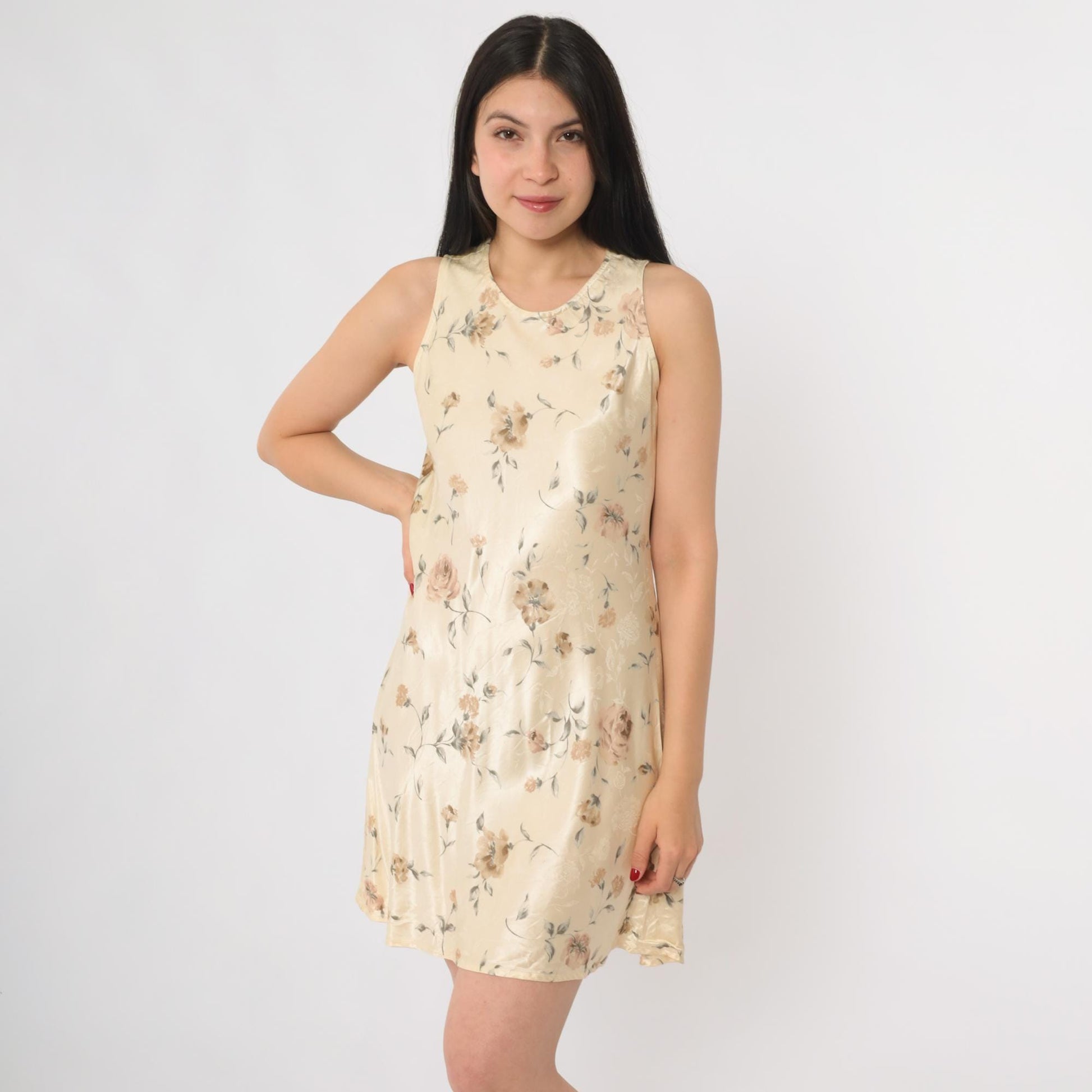 90s Breakin Loose Floral Mini Dress Cream Rose Print Sleeveless A-Line Small
